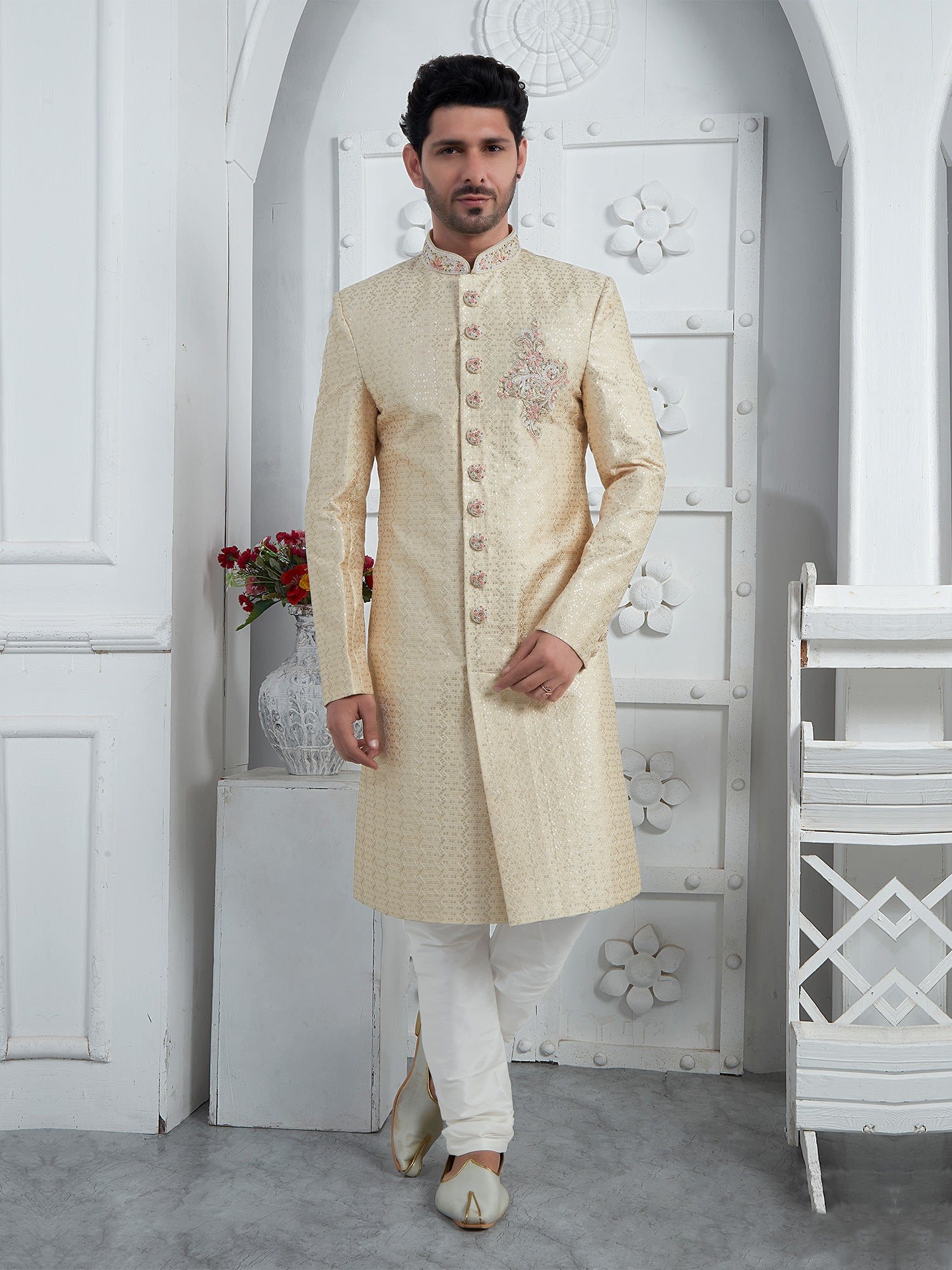 Cream Sequins Enhanced Mens Achkan Styled Indowestern Sherwani Set