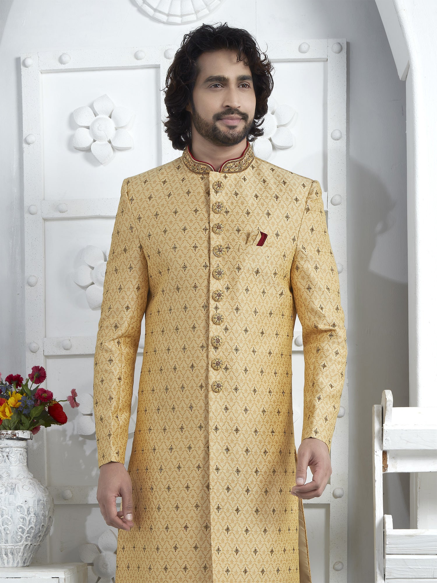 Daffodil Yellow Mens Self Pattern Indowestern Sherwani In Silk