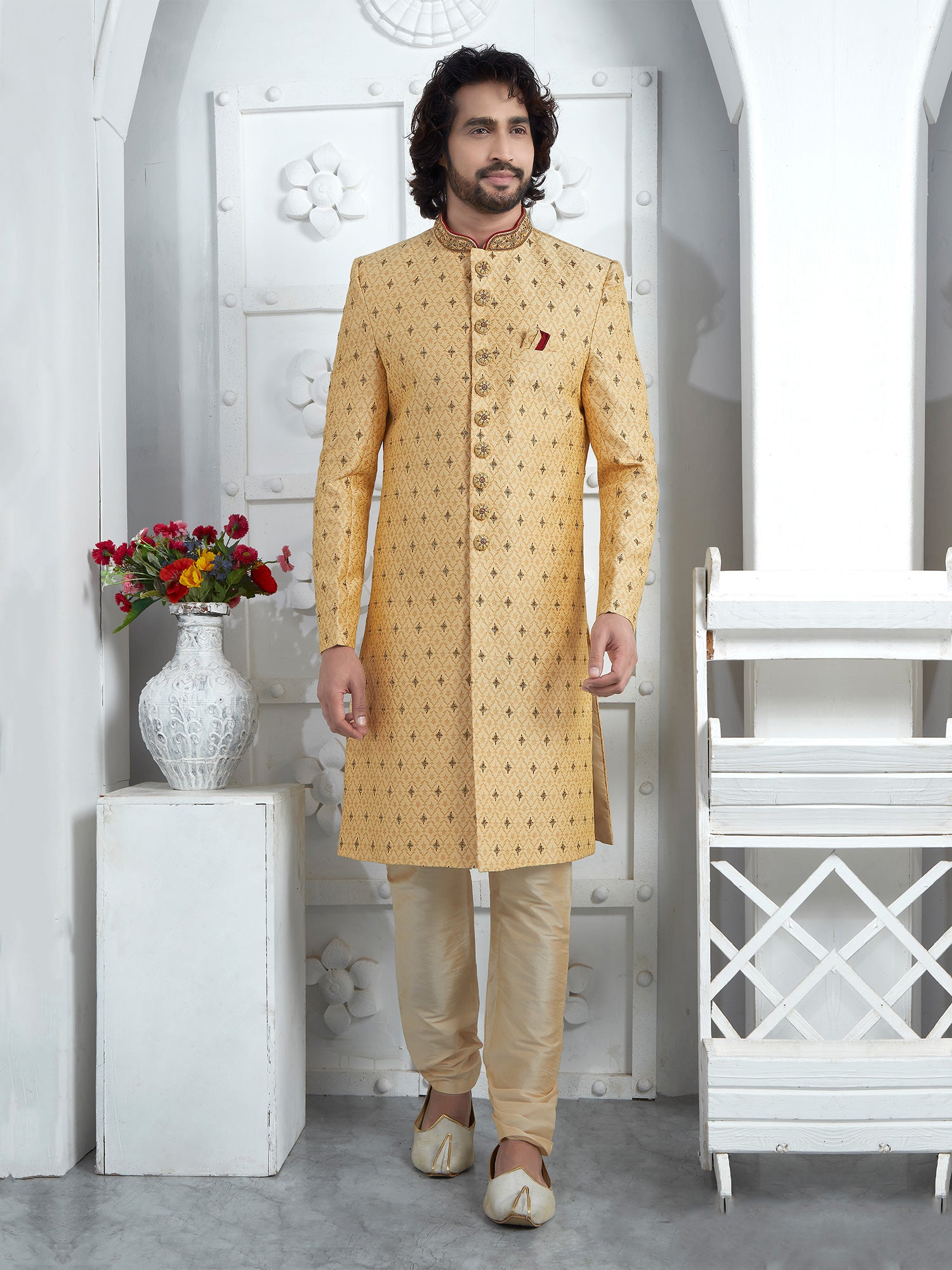 Daffodil Yellow Mens Self Pattern Indowestern Sherwani In Silk