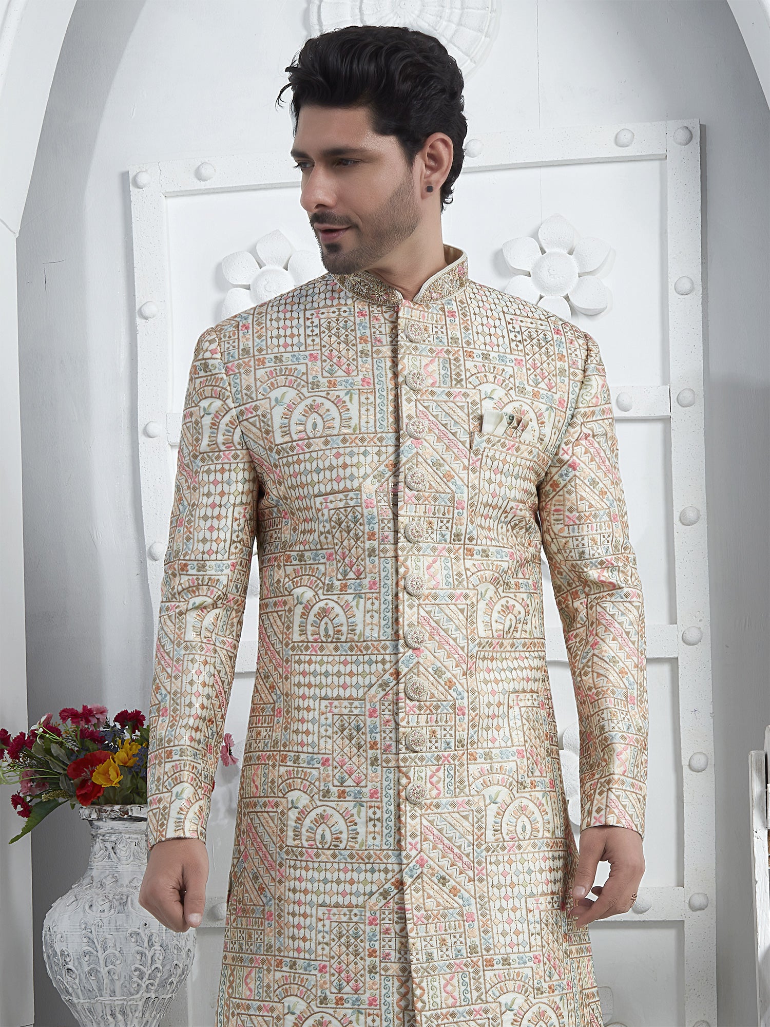 White Bandhgala Mens Indowestern In Multicolor Thread Embroidery
