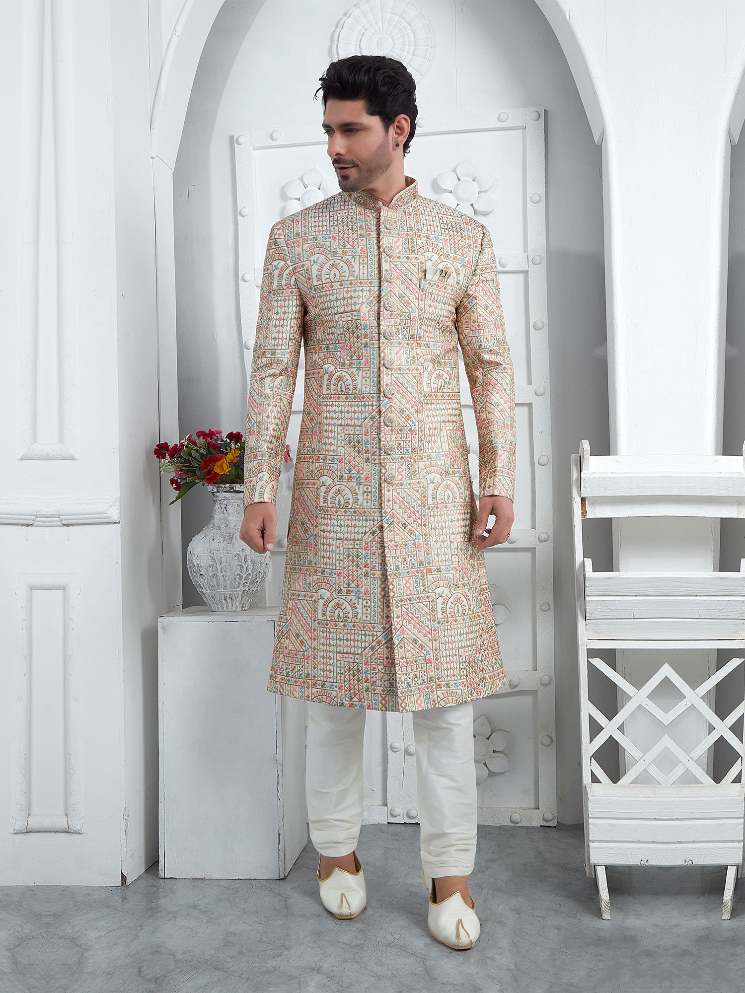 White Bandhgala Mens Indowestern In Multicolor Thread Embroidery
