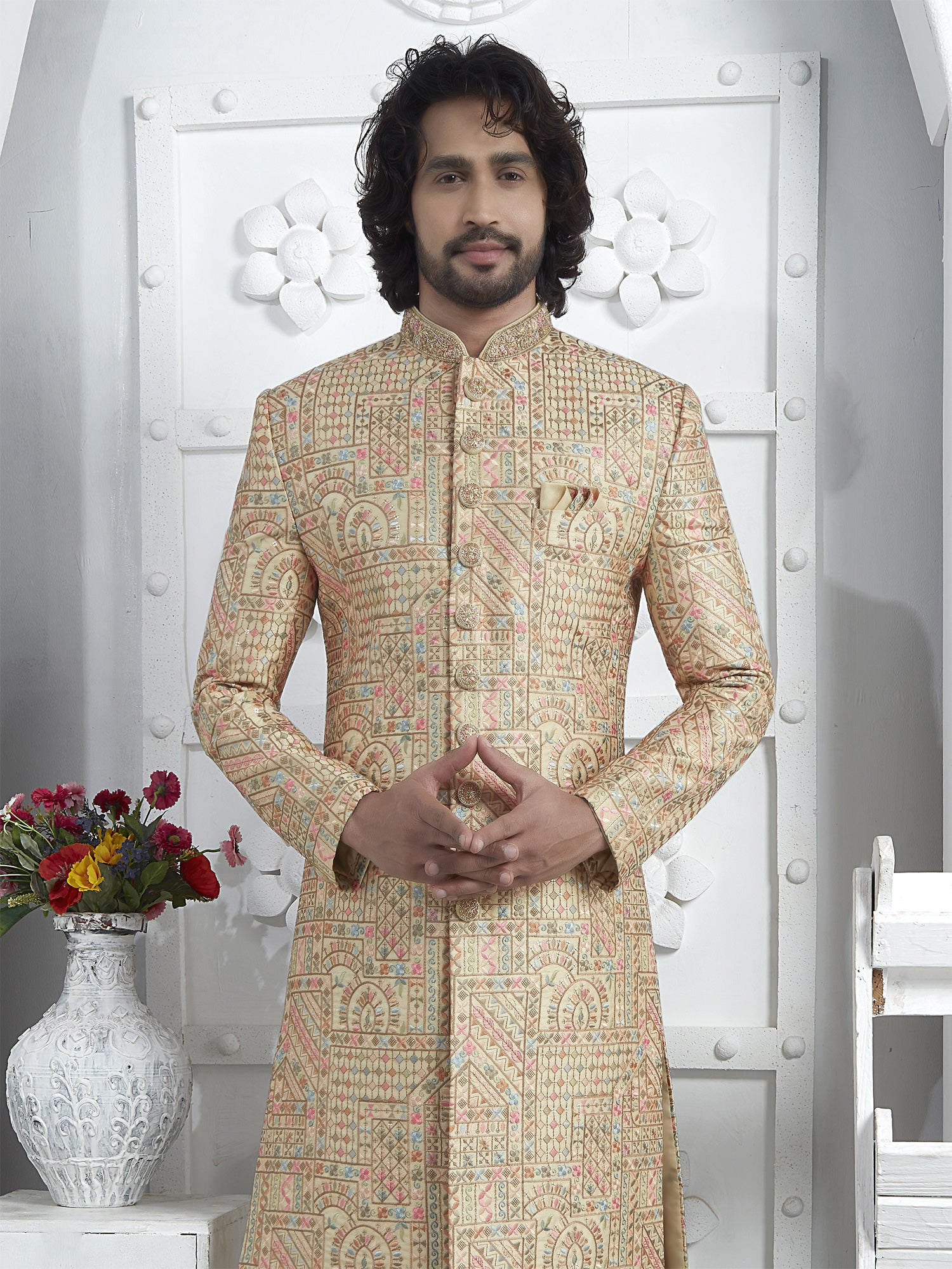 Ivory Golden Heavy Thread Embroidered Indowestern Sherwani For Mens