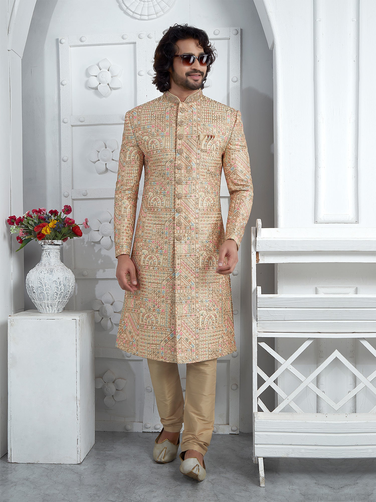 Ivory Golden Heavy Thread Embroidered Indowestern Sherwani For Mens