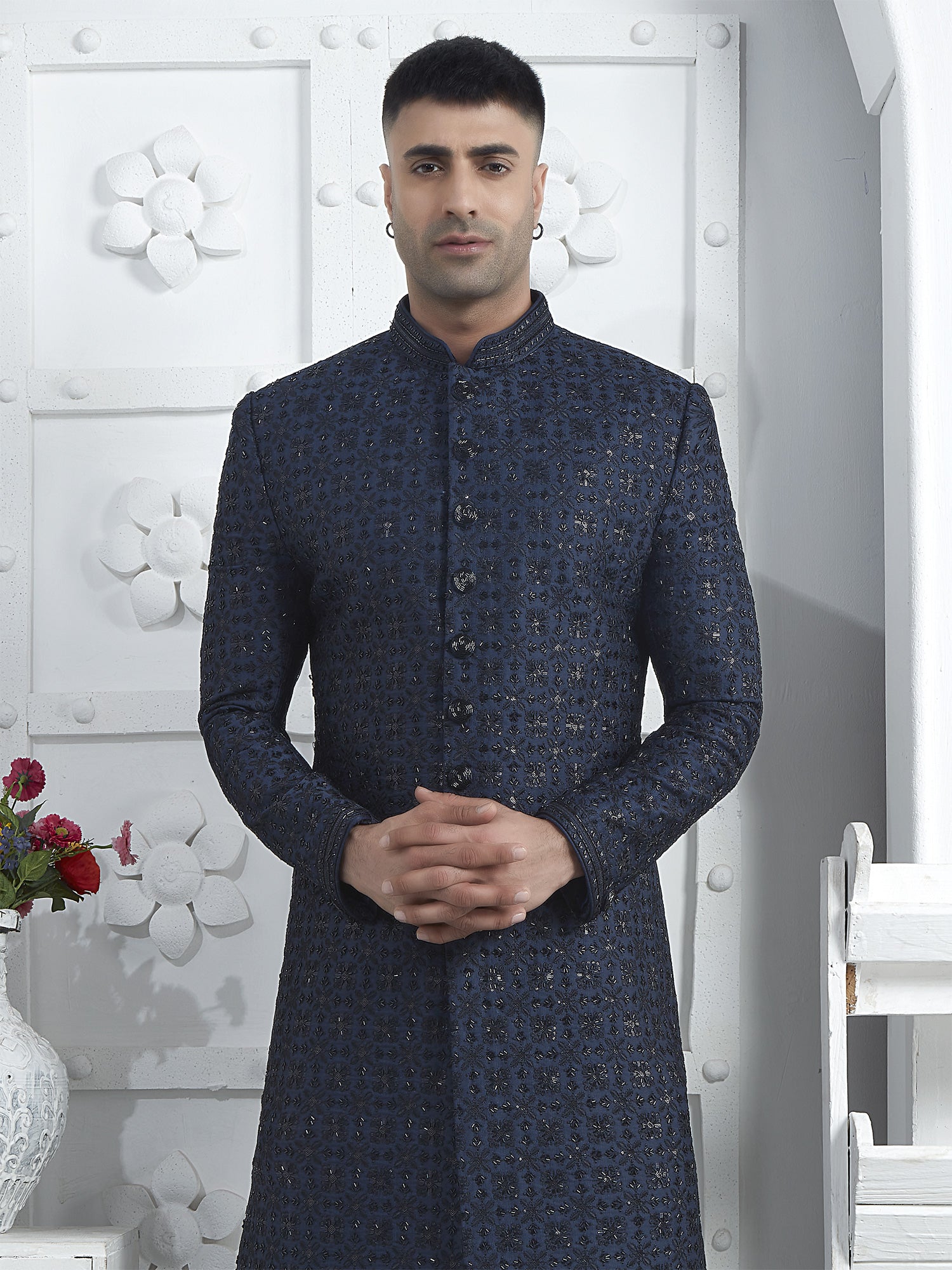 Midnight Blue Cutdana Enhanced Mens Indowestern Sherwani Set