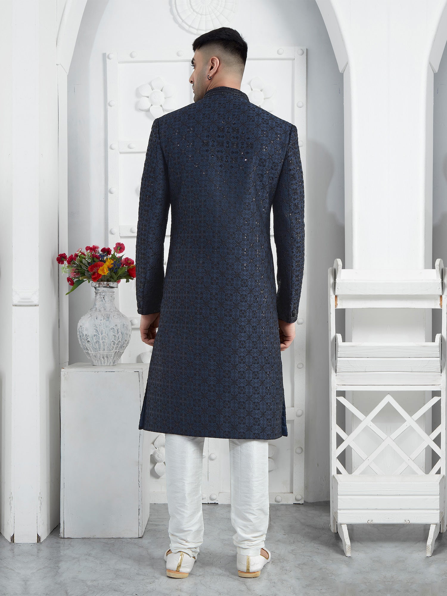 Midnight Blue Cutdana Enhanced Mens Indowestern Sherwani Set