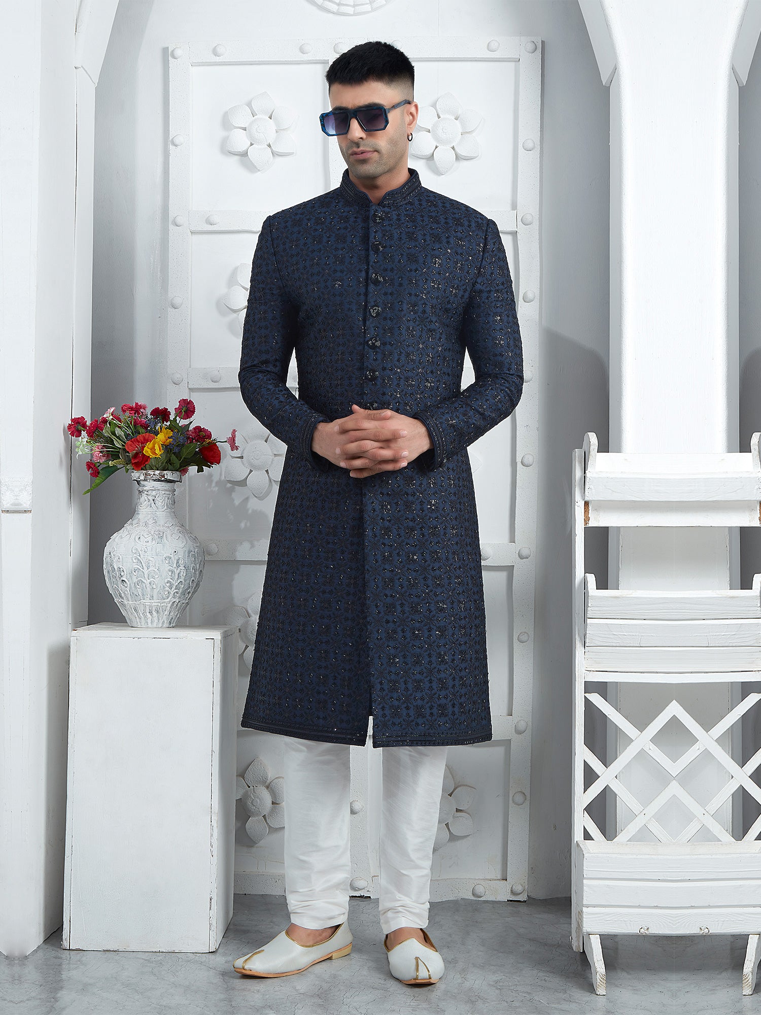 Midnight Blue Cutdana Enhanced Mens Indowestern Sherwani Set