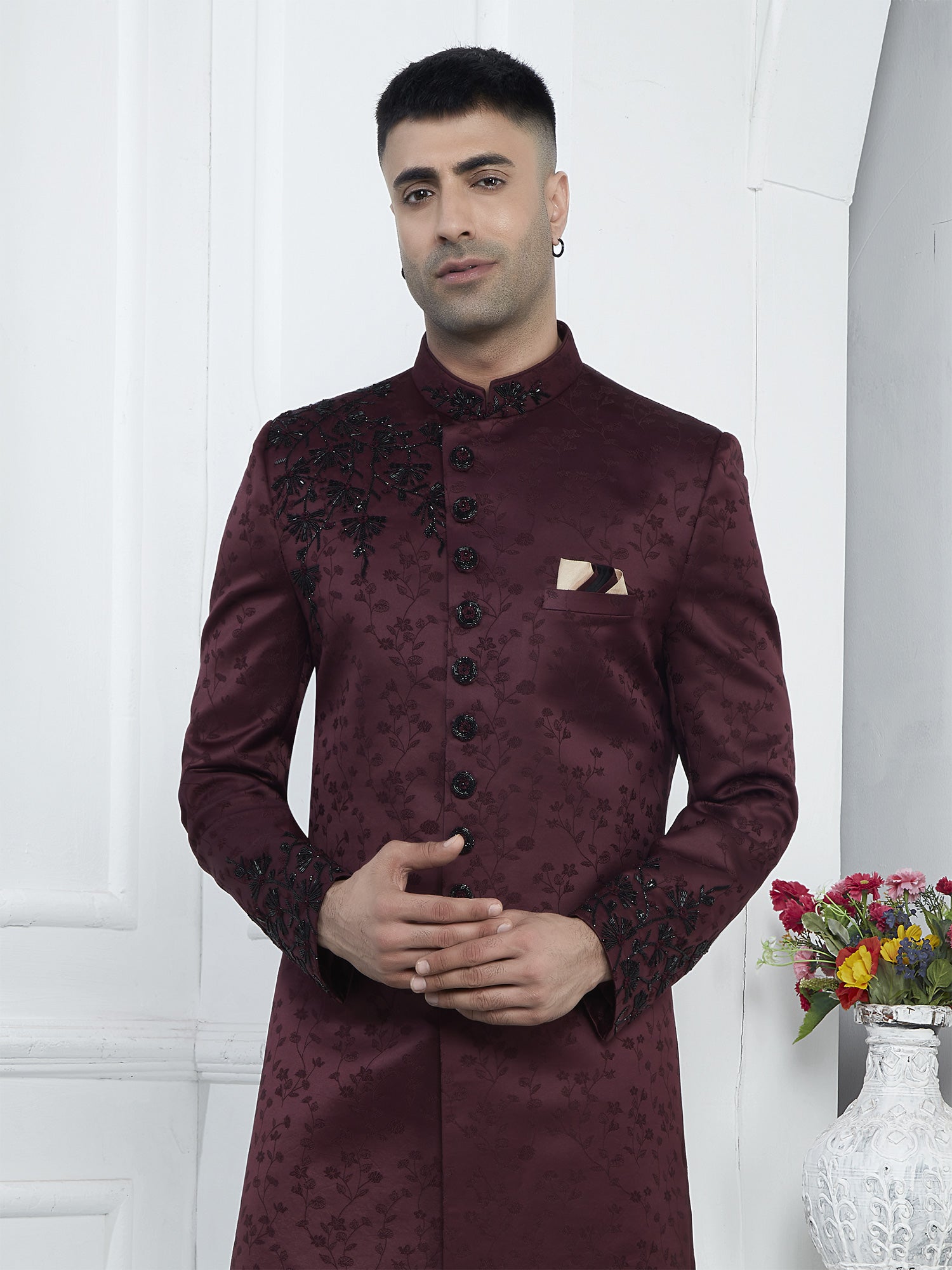 Maroon Cutdana Enhanced Mens Indowestern Sherwani In Jacquard Silk