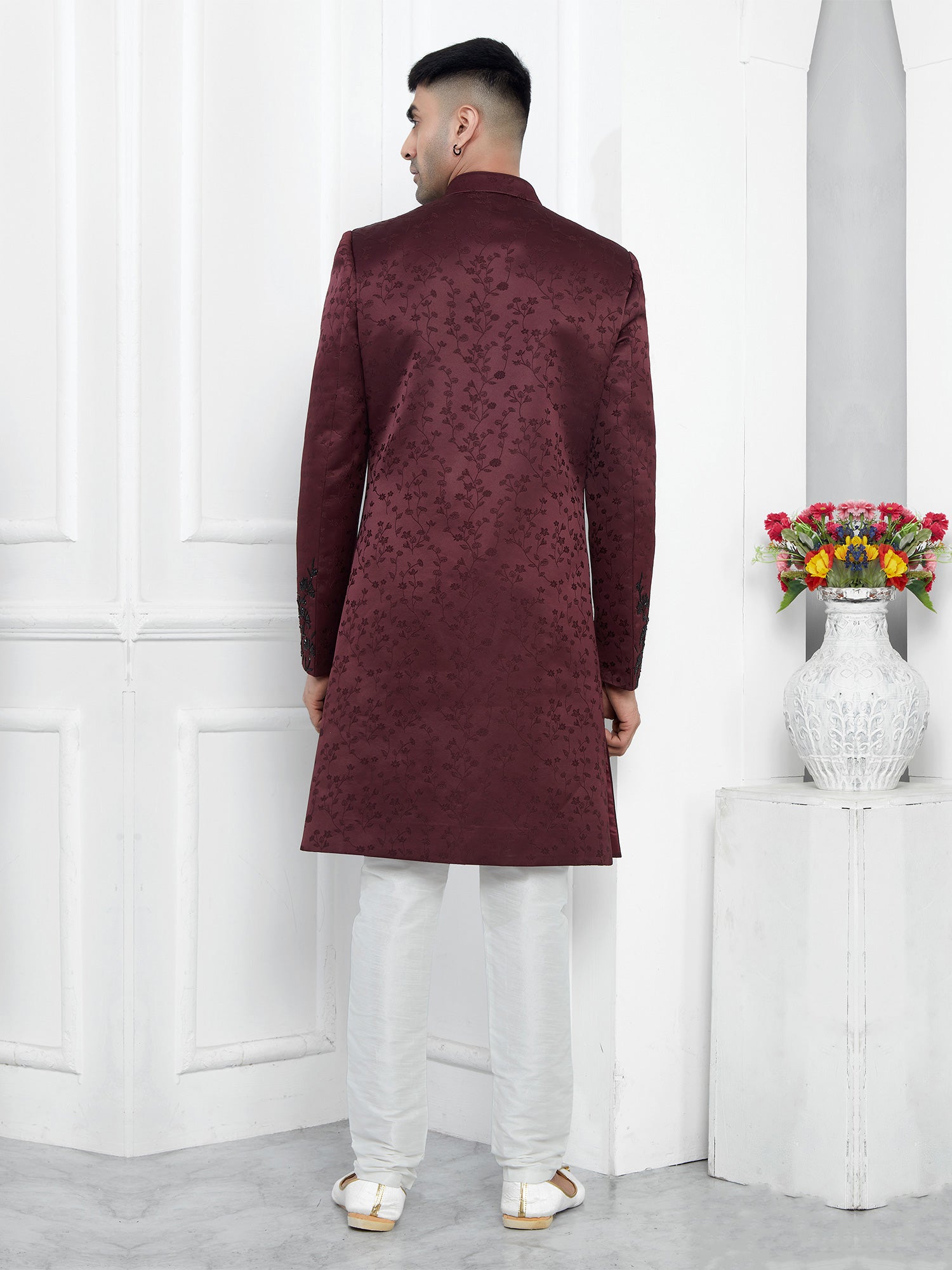 Maroon Cutdana Enhanced Mens Indowestern Sherwani In Jacquard Silk