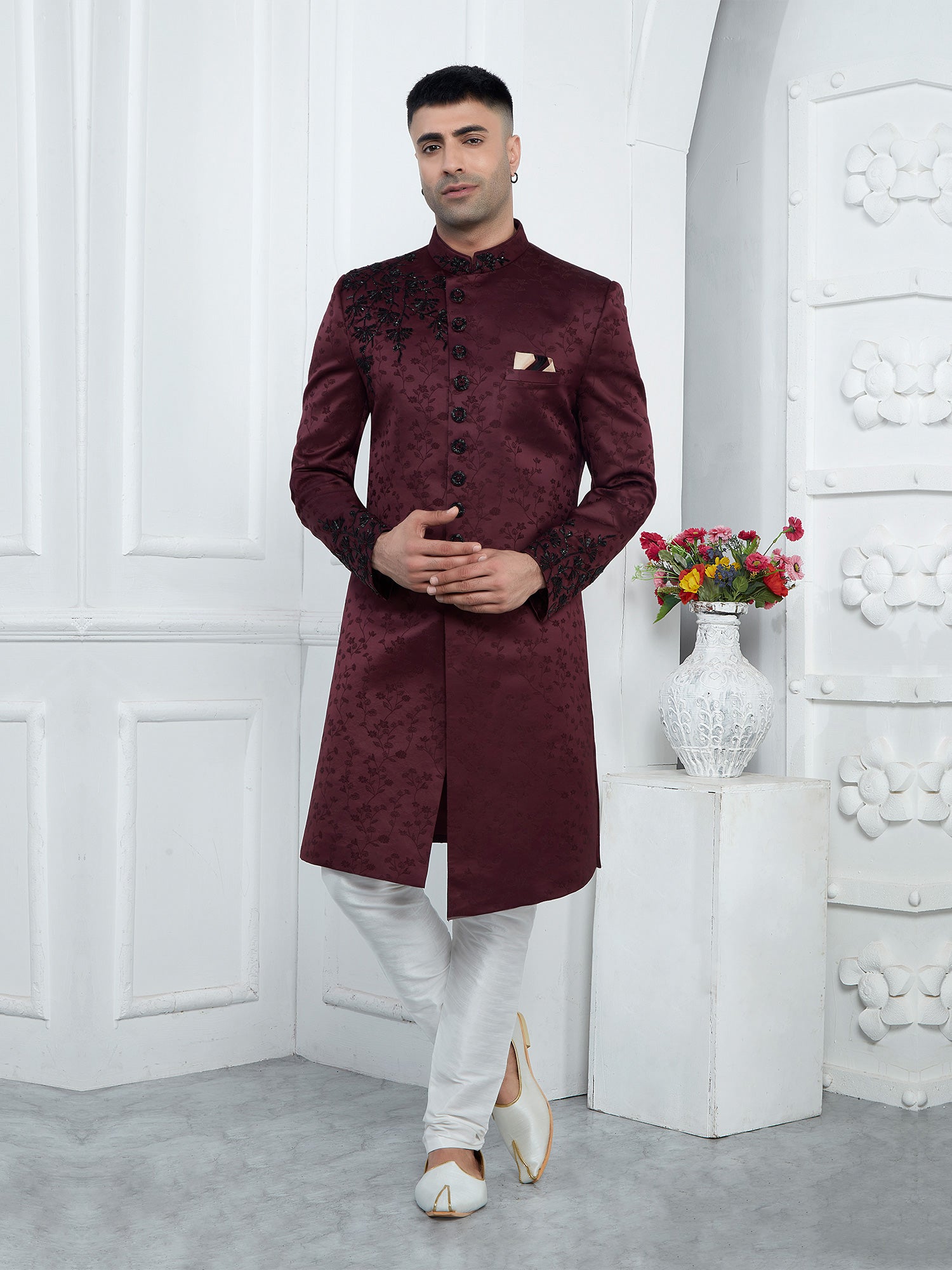 Maroon Cutdana Enhanced Mens Indowestern Sherwani In Jacquard Silk