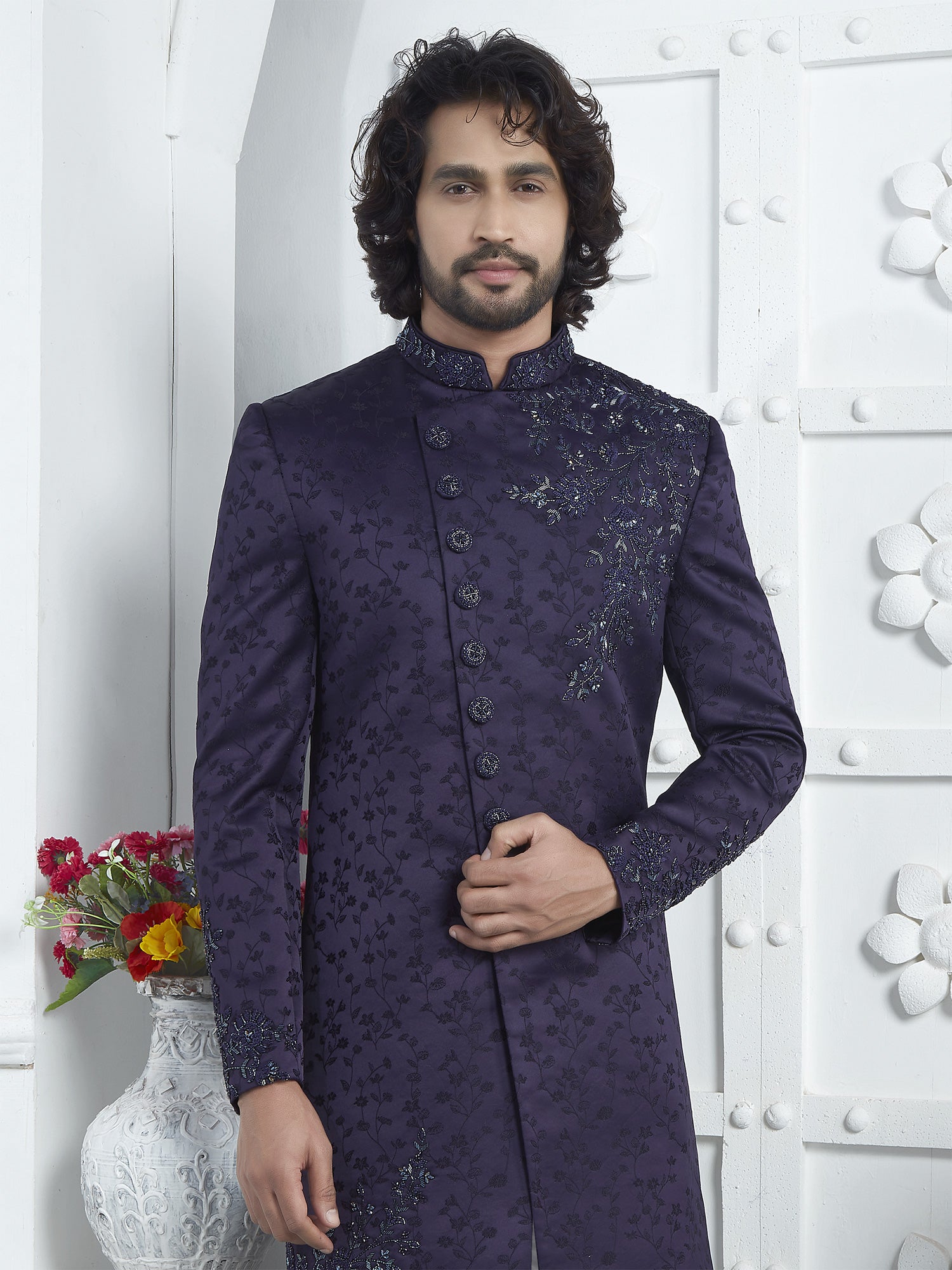 Indigo Purple Floral Embroiderd With Cutdana Mens Indowestern Set