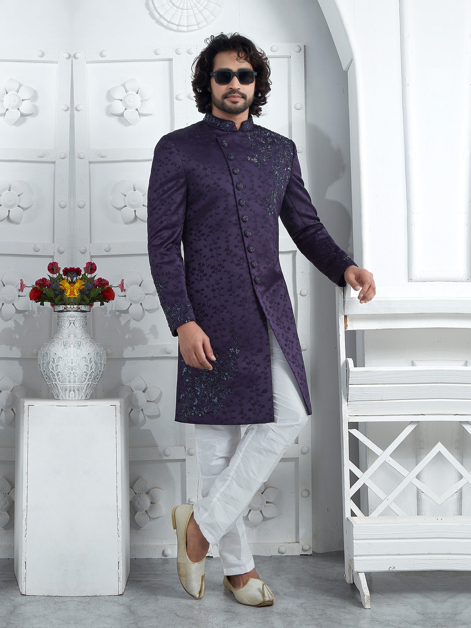 Indigo Purple Floral Embroiderd With Cutdana Mens Indowestern Set