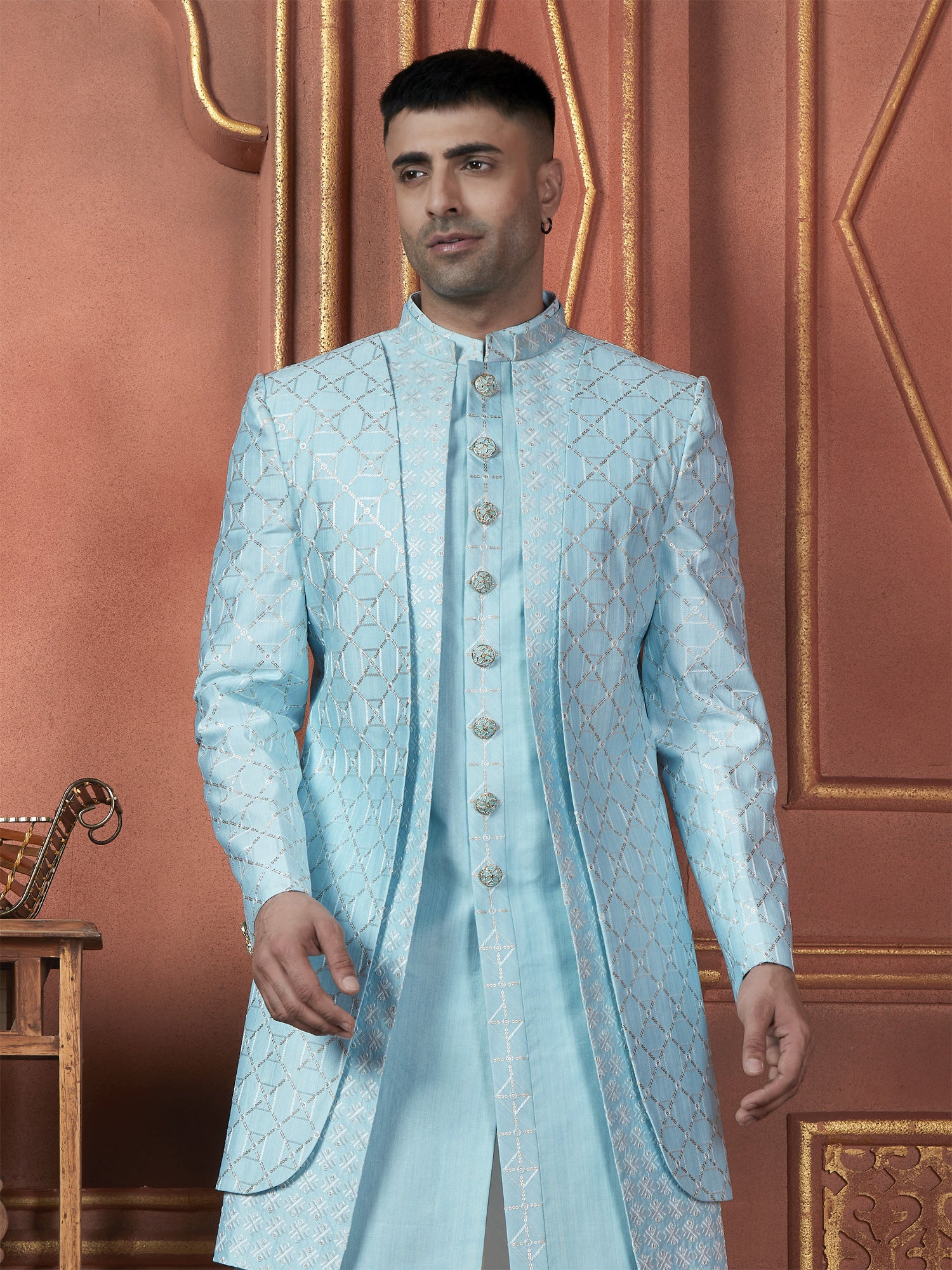 Sky Blue Double Layered Mens Indowestern In Sequins Work