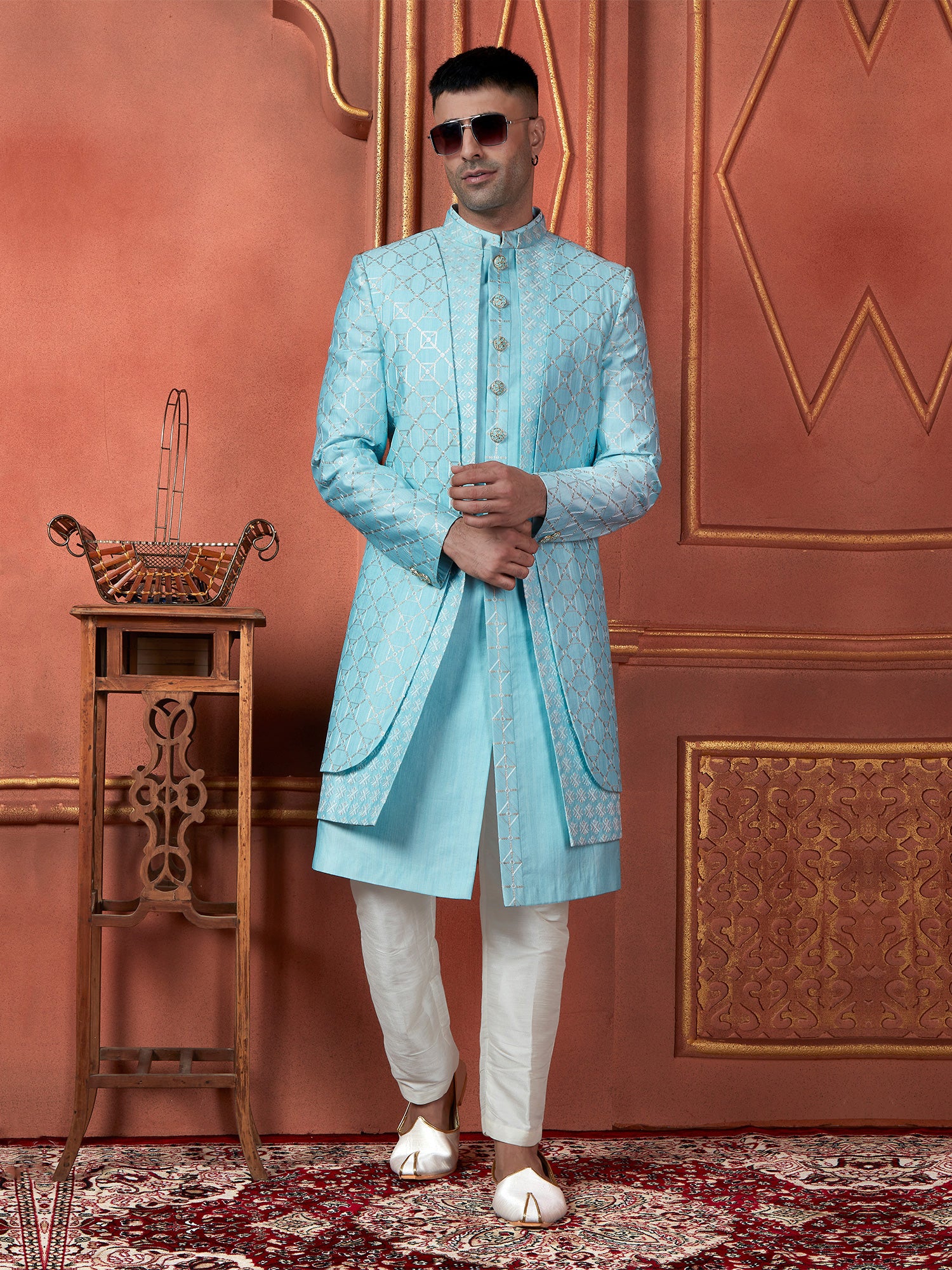 Sky Blue Double Layered Mens Indowestern In Sequins Work