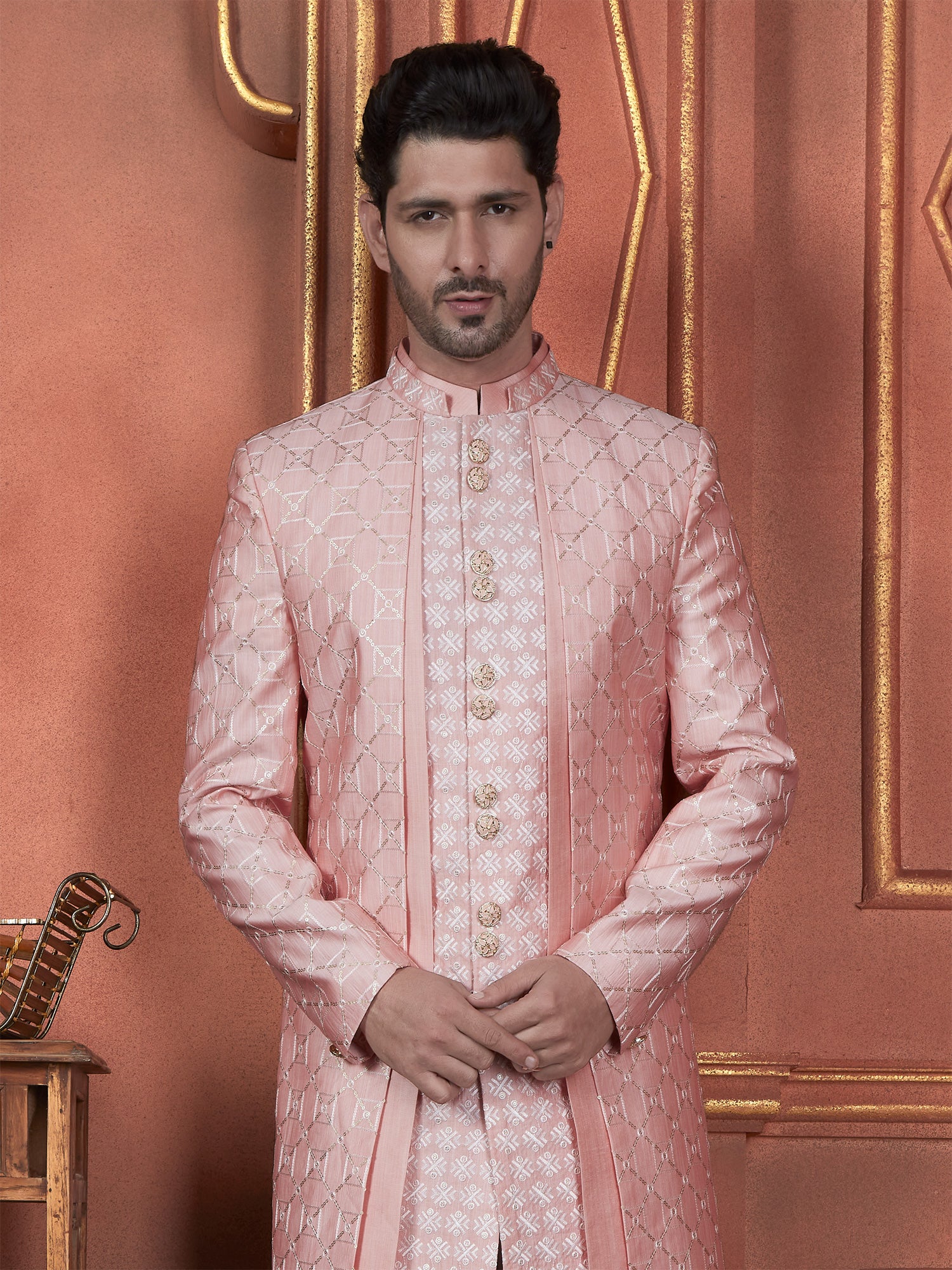 Rose Pink Bandhgala Indowestern For Mens In Seqins Work