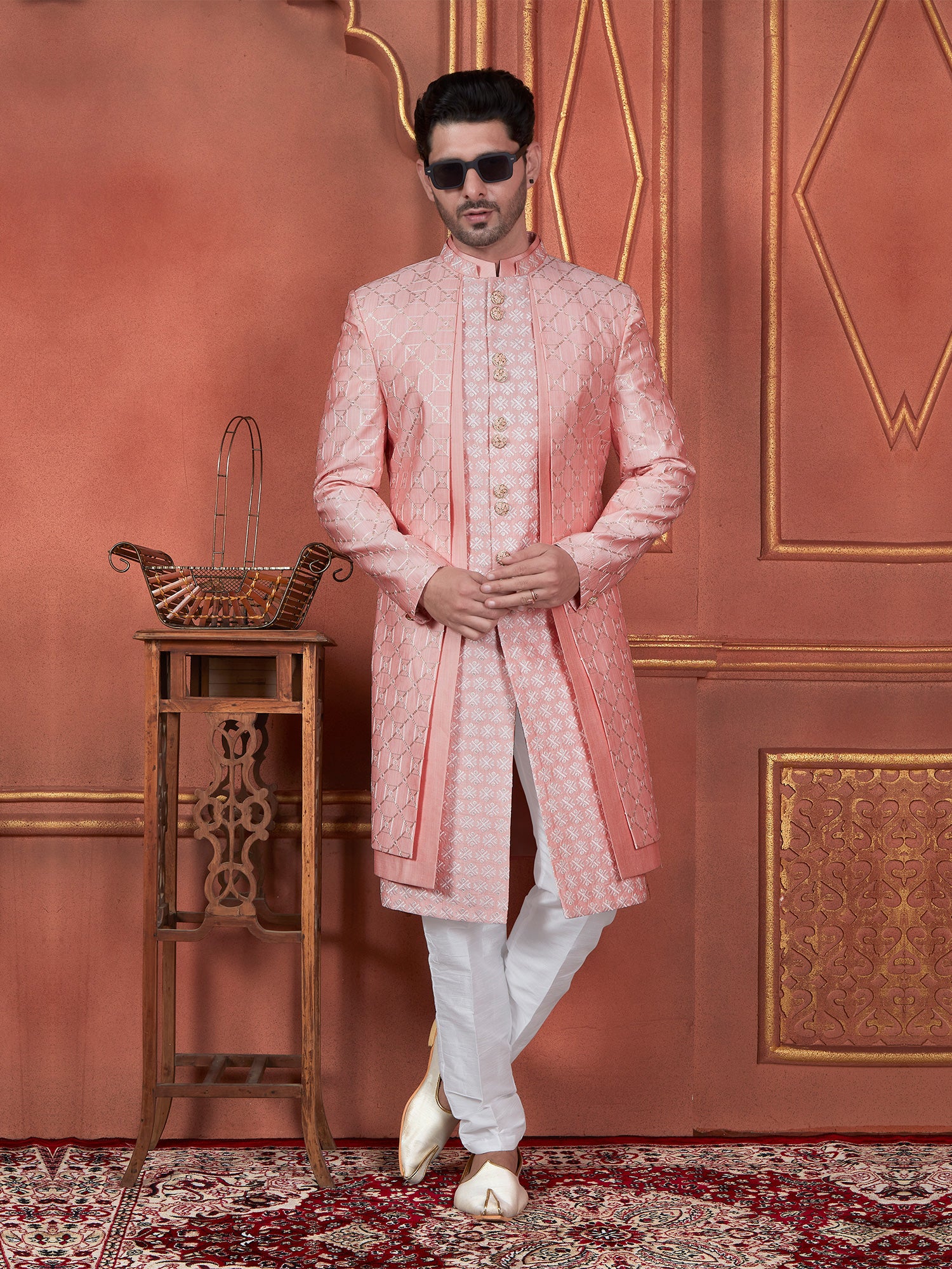 Rose Pink Bandhgala Indowestern For Mens In Seqins Work