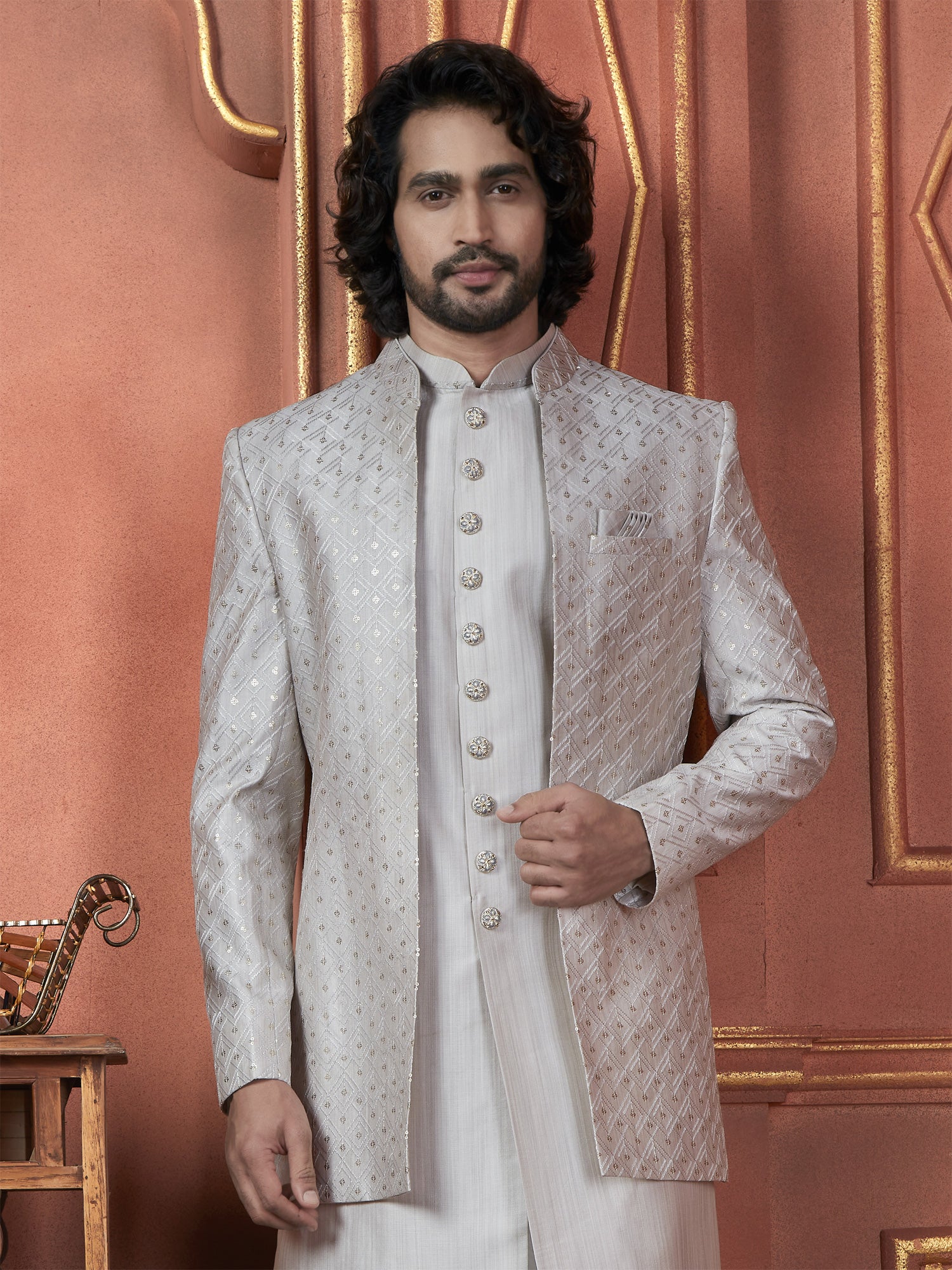 Light Grey Open Jacketed Style Indowestern For Mens In Silk