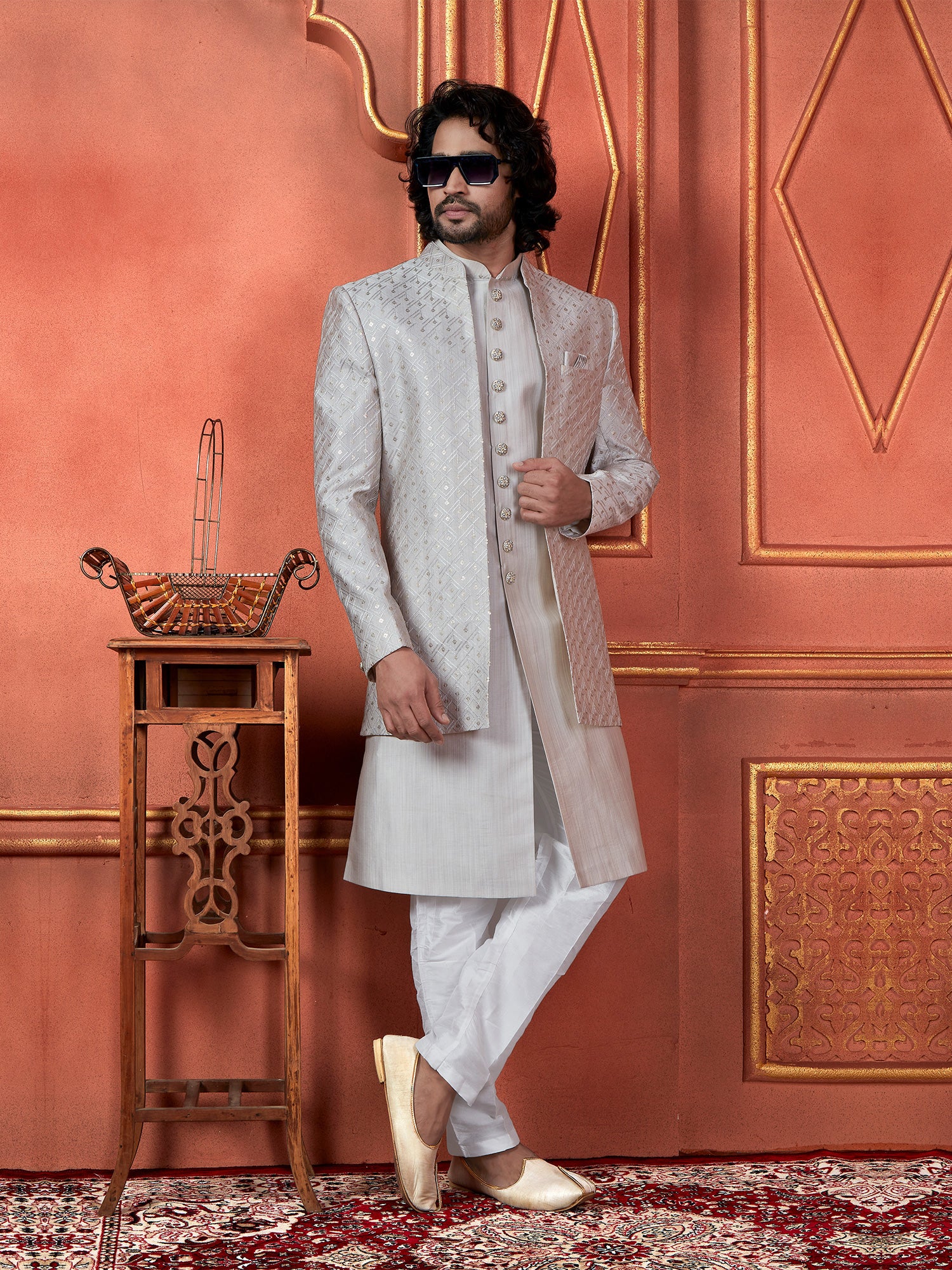 Light Grey Open Jacketed Style Indowestern For Mens In Silk