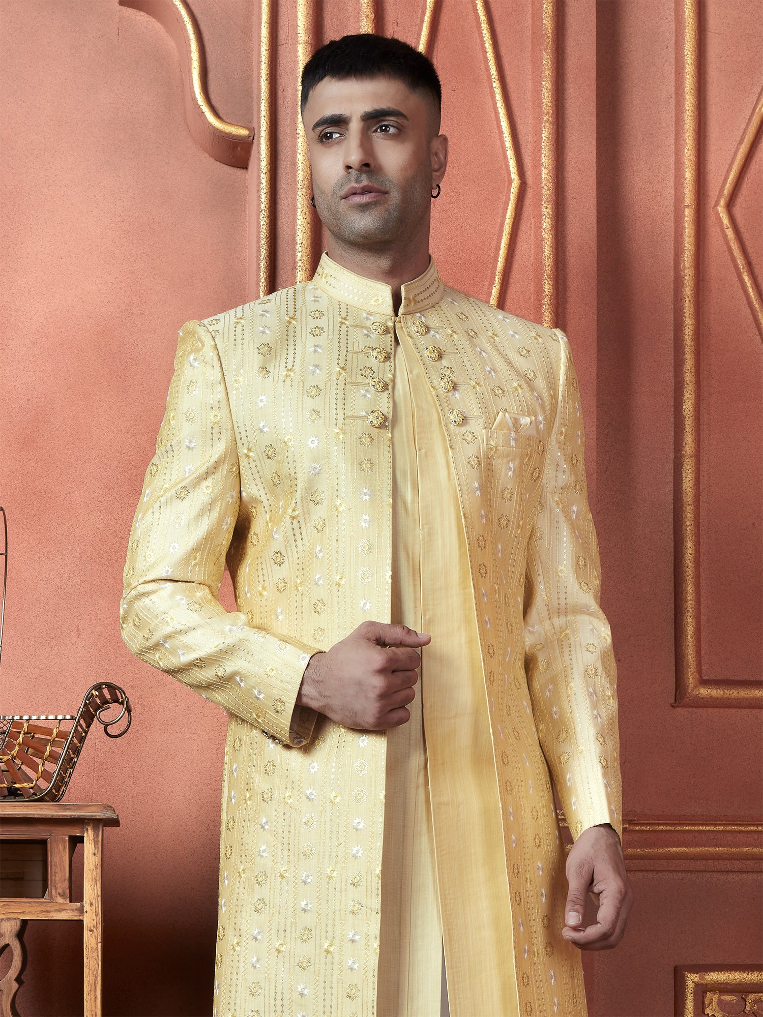 Corn Yellow Bandhgala Indowestern Set In Thread Work