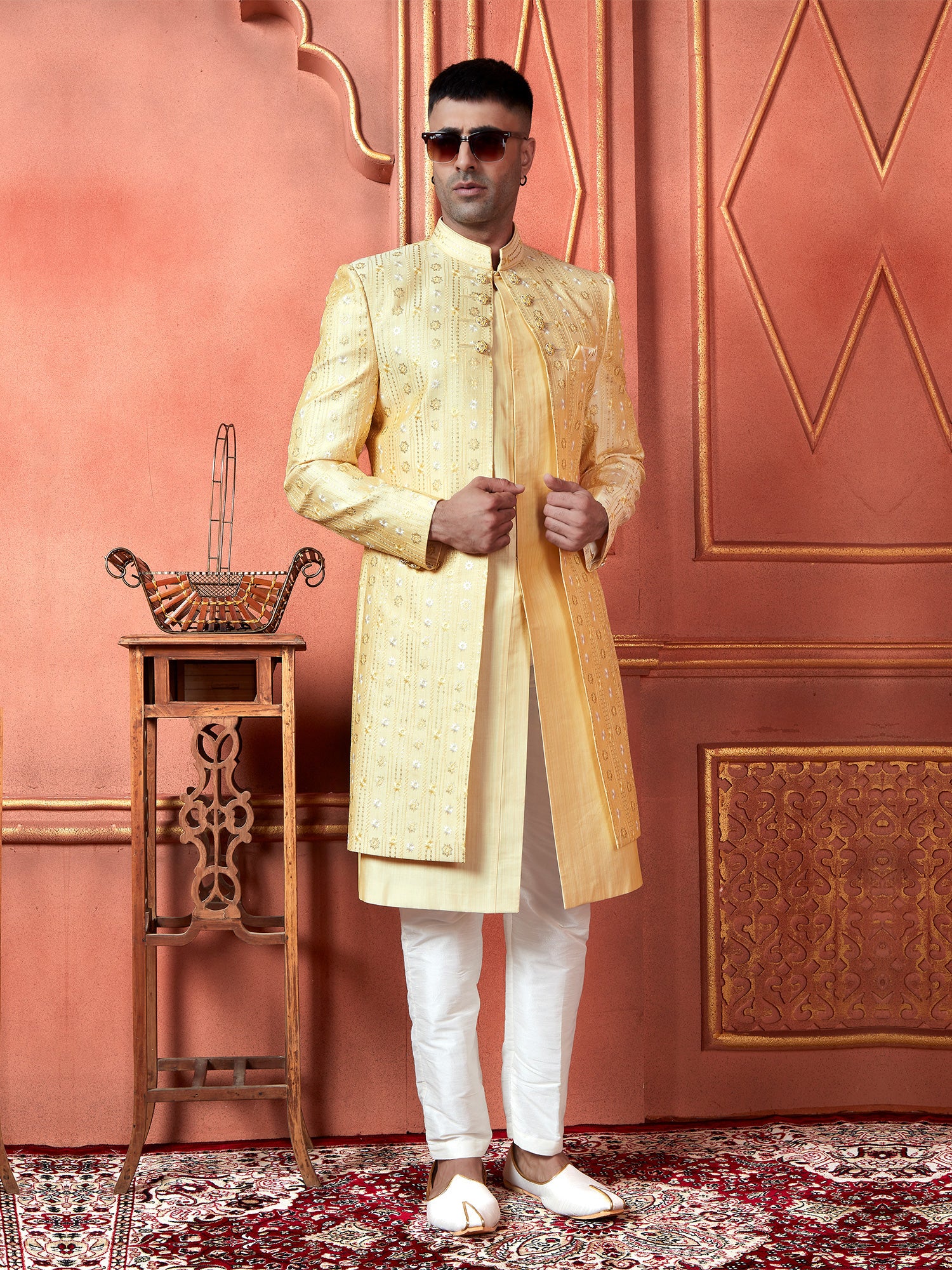 Corn Yellow Bandhgala Indowestern Set In Thread Work