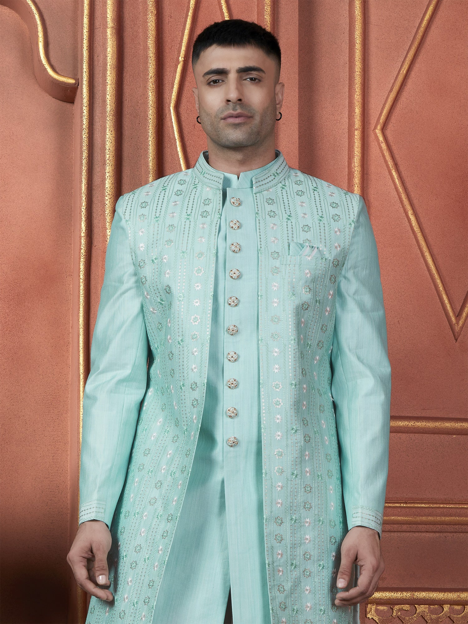 Turquoise Wedding Wear Silk Indowestern Sherwani For Mens