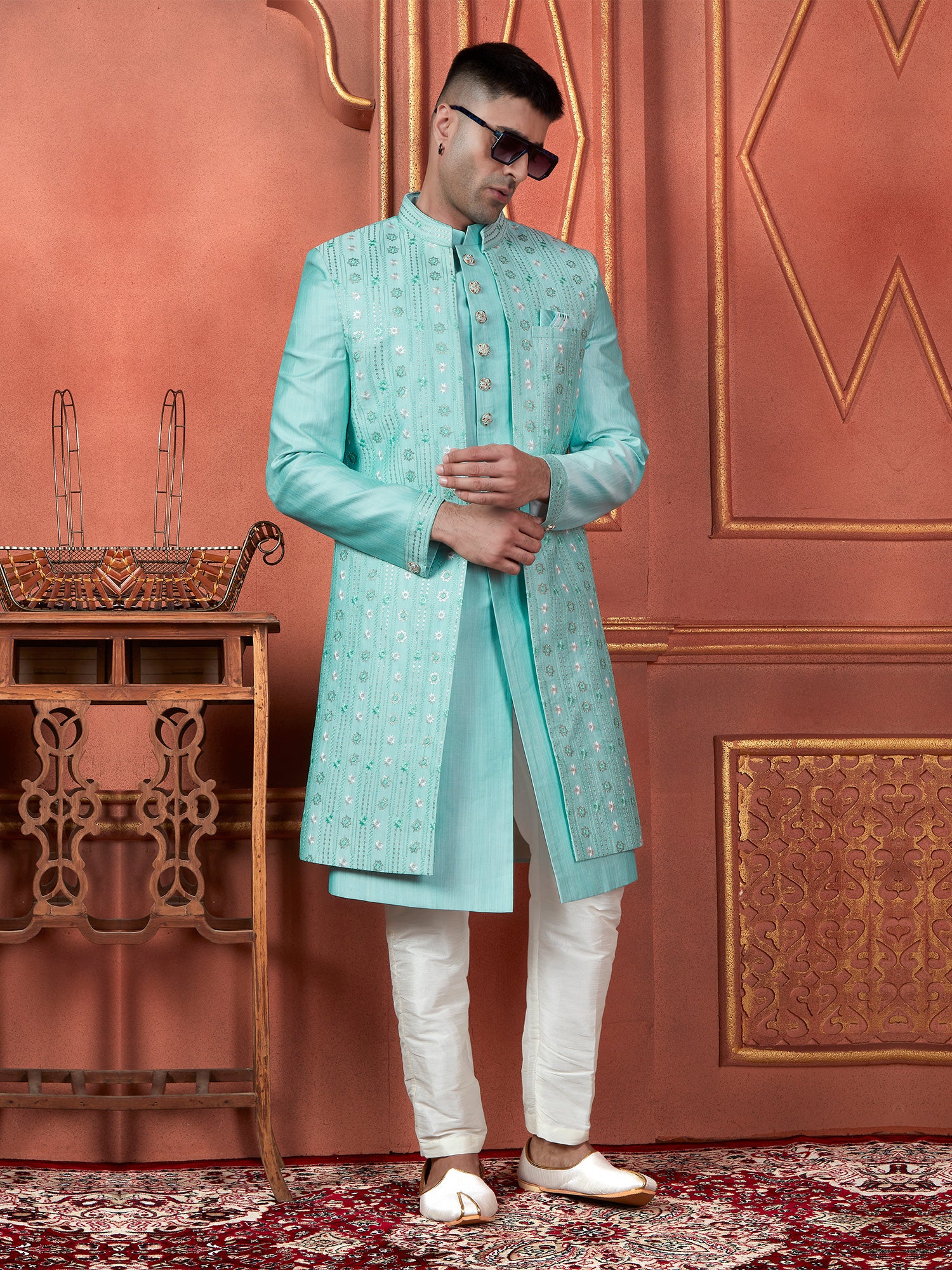 Turquoise Wedding Wear Silk Indowestern Sherwani For Mens