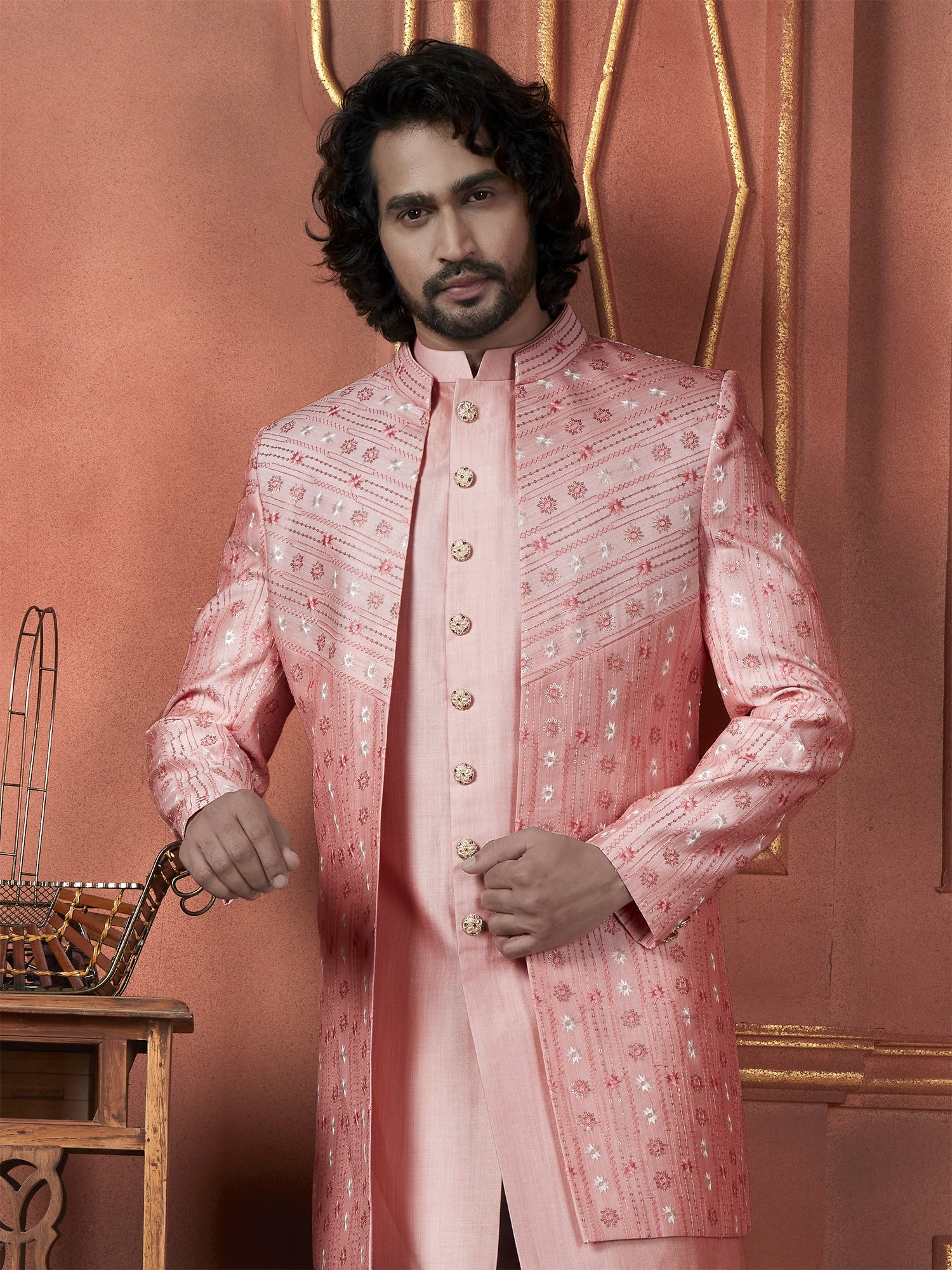 Pink Jacketed Styled Mens Wear Indowestern Sherwani In Silk