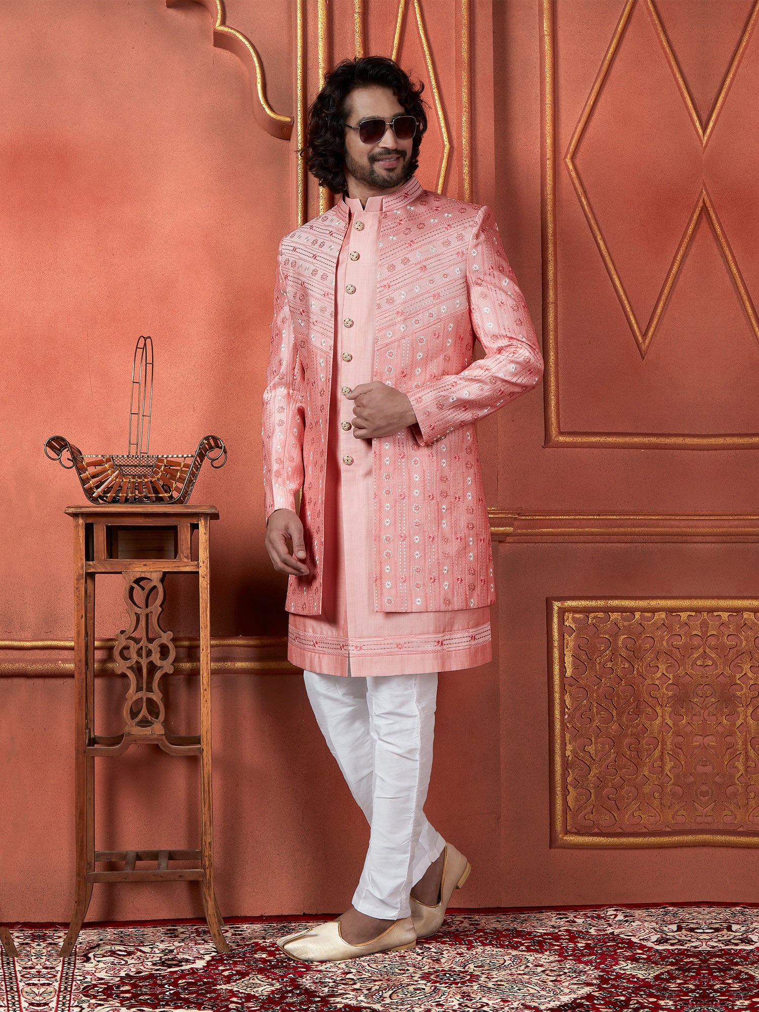 Pink Jacketed Styled Mens Wear Indowestern Sherwani In Silk