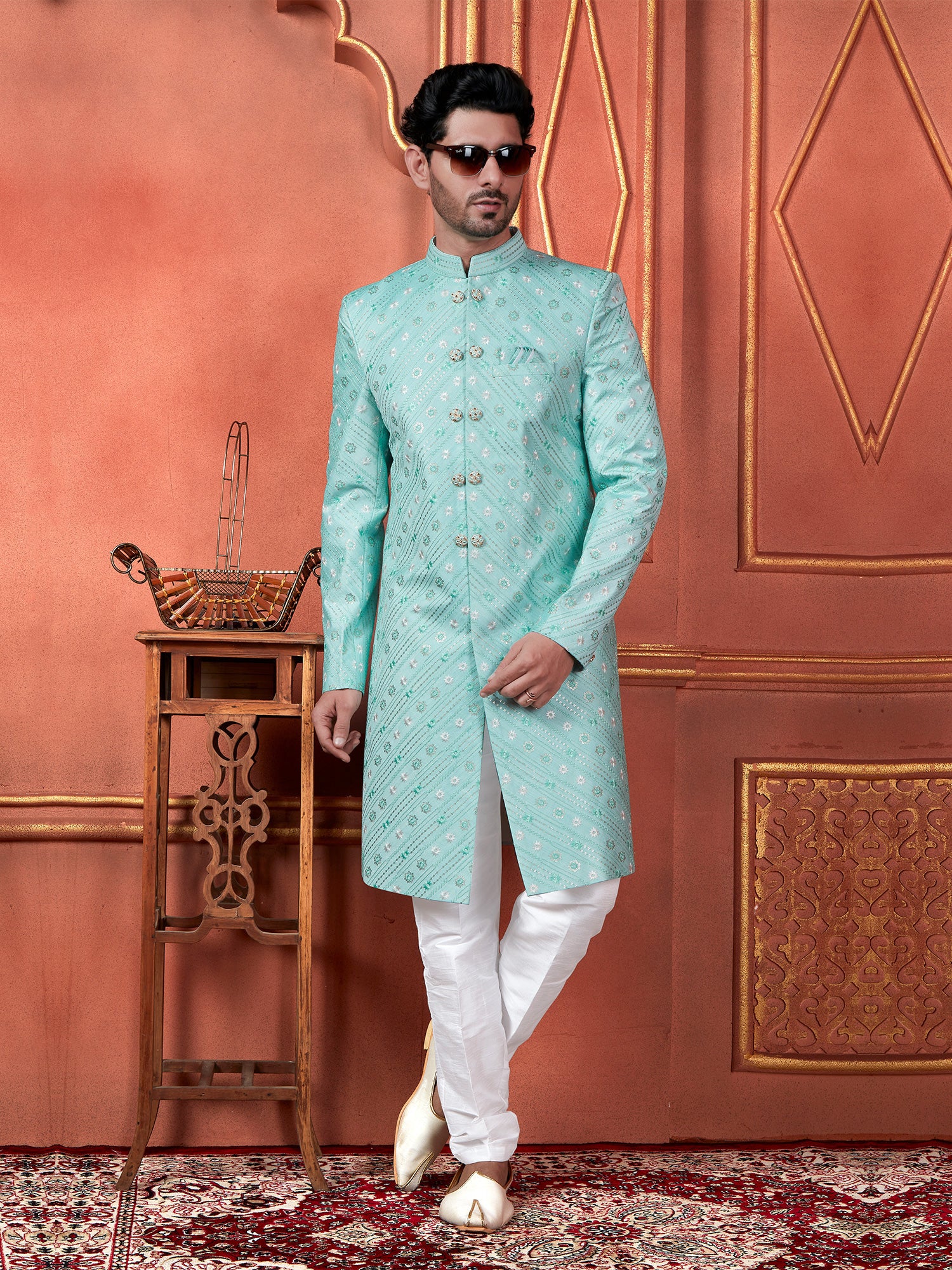 Turquoise Achkan Indowestern Sherwani In Silk Embroidery