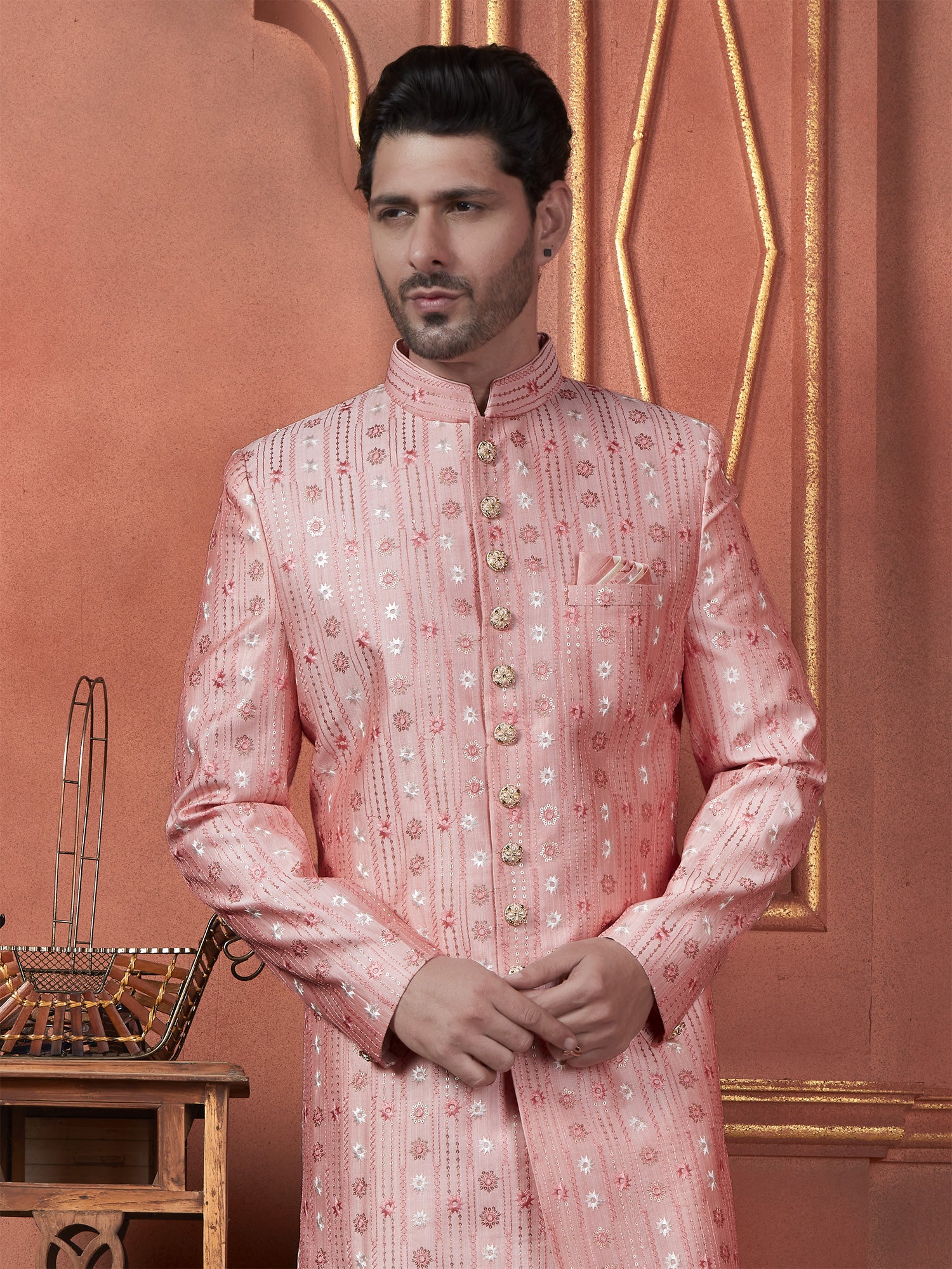 Dark Peach Mens Wedding Indowestern Sherwani In Achakan Style