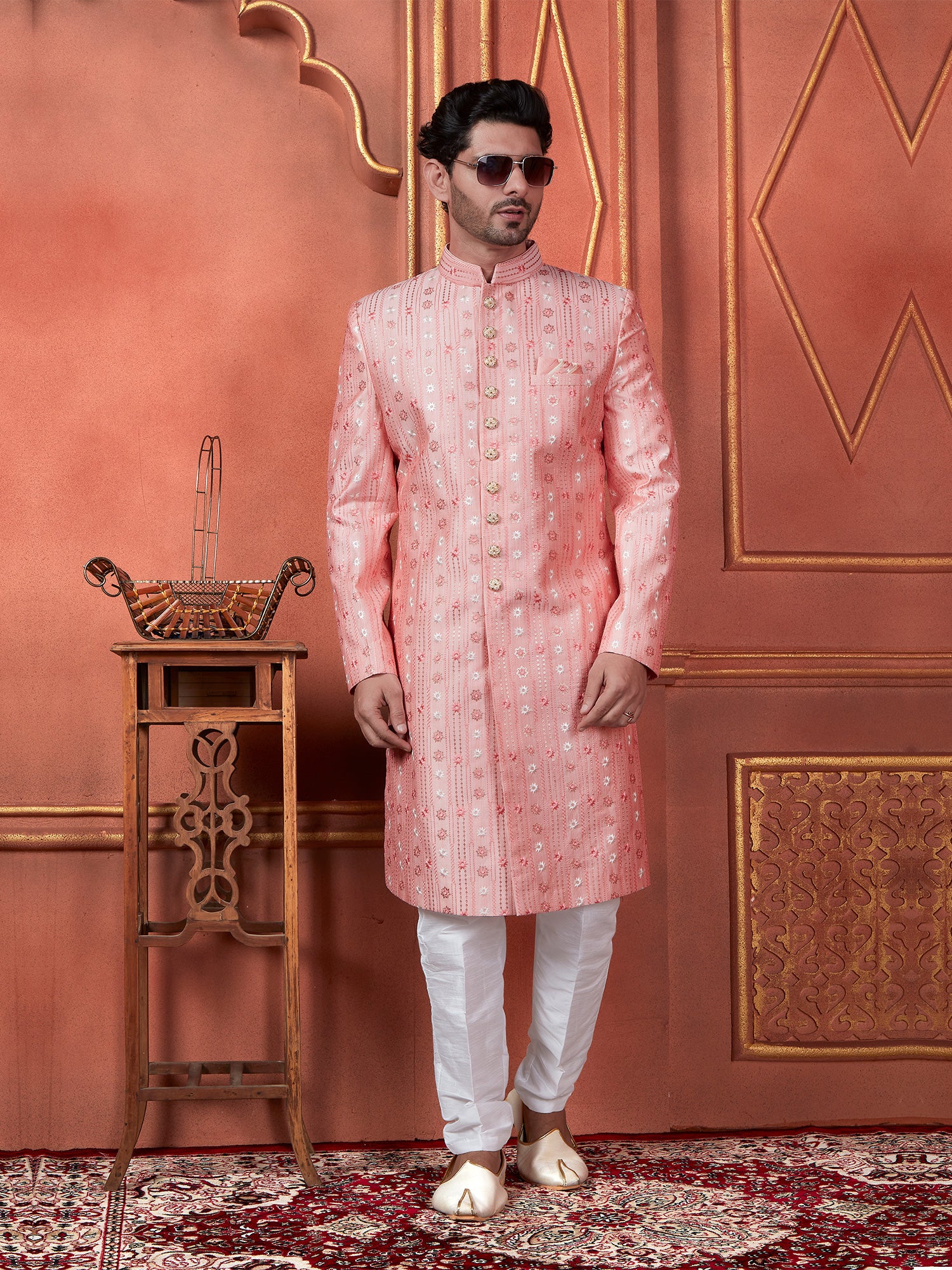 Dark Peach Mens Wedding Indowestern Sherwani In Achakan Style