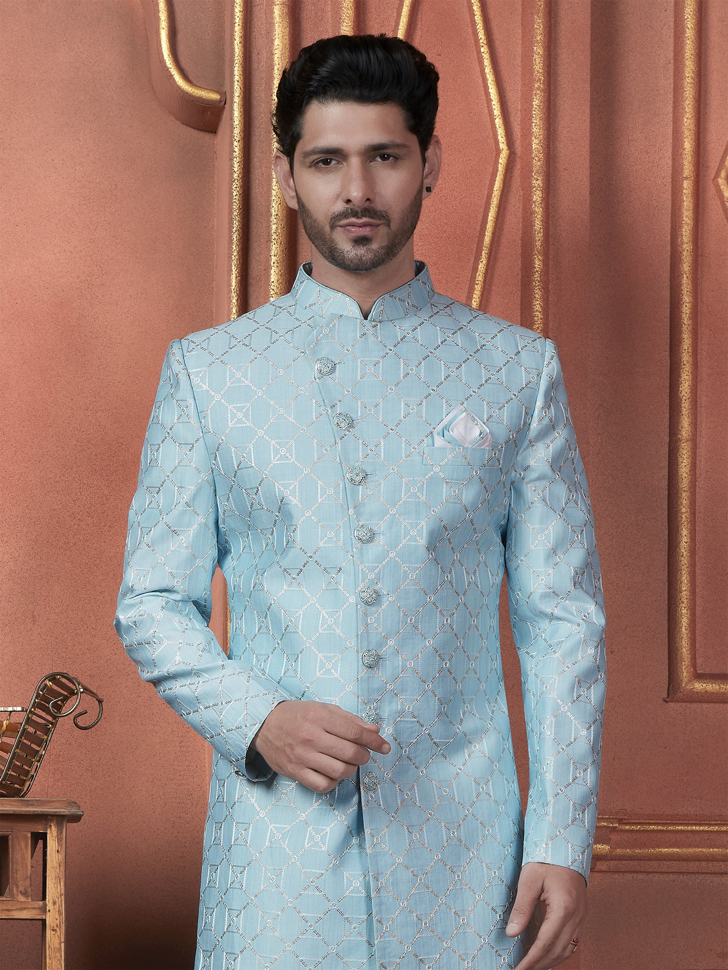 Blue Mens Indowestern In Achkan Style In Silk Embroidery