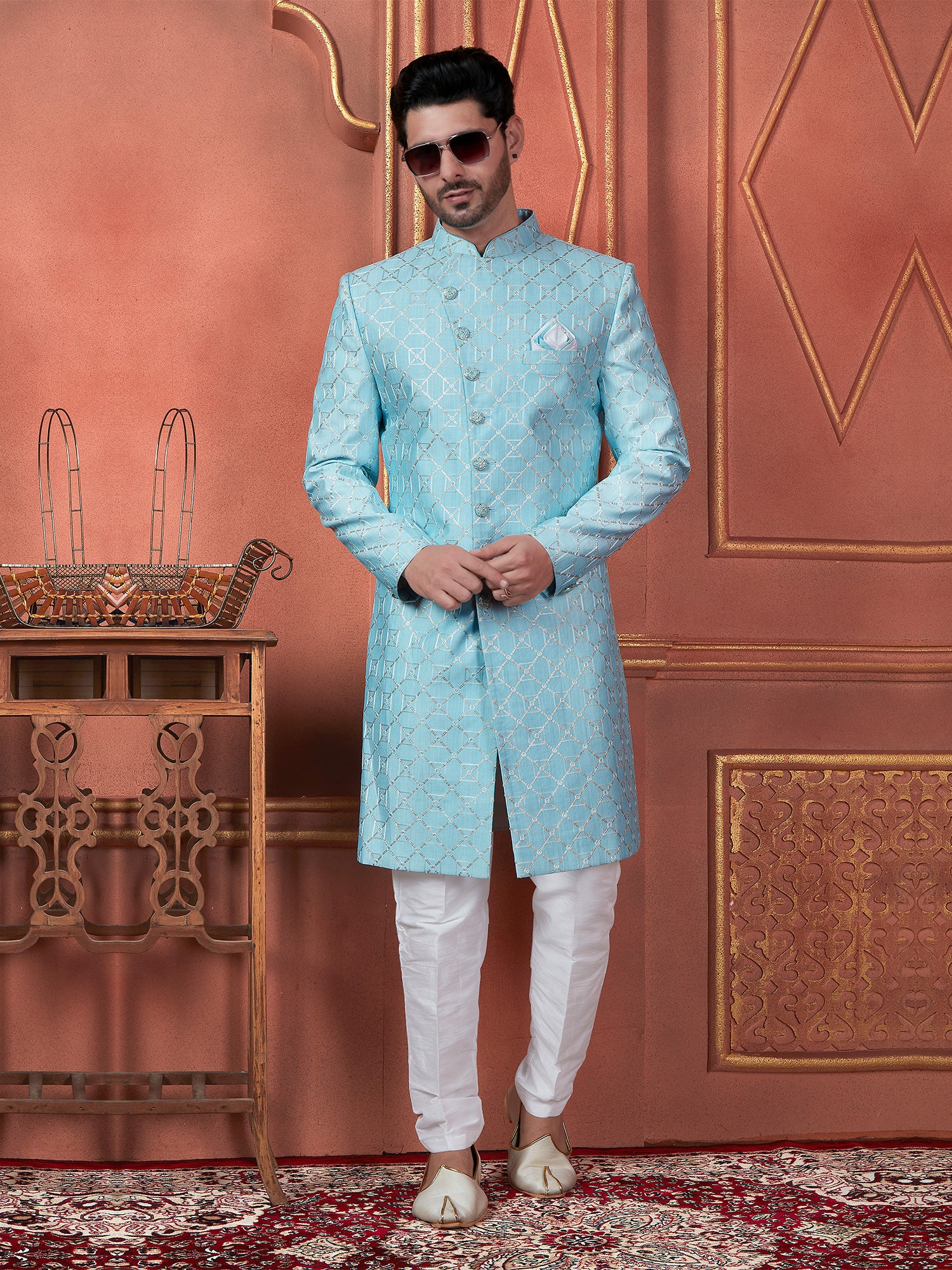 Blue Mens Indowestern In Achkan Style In Silk Embroidery