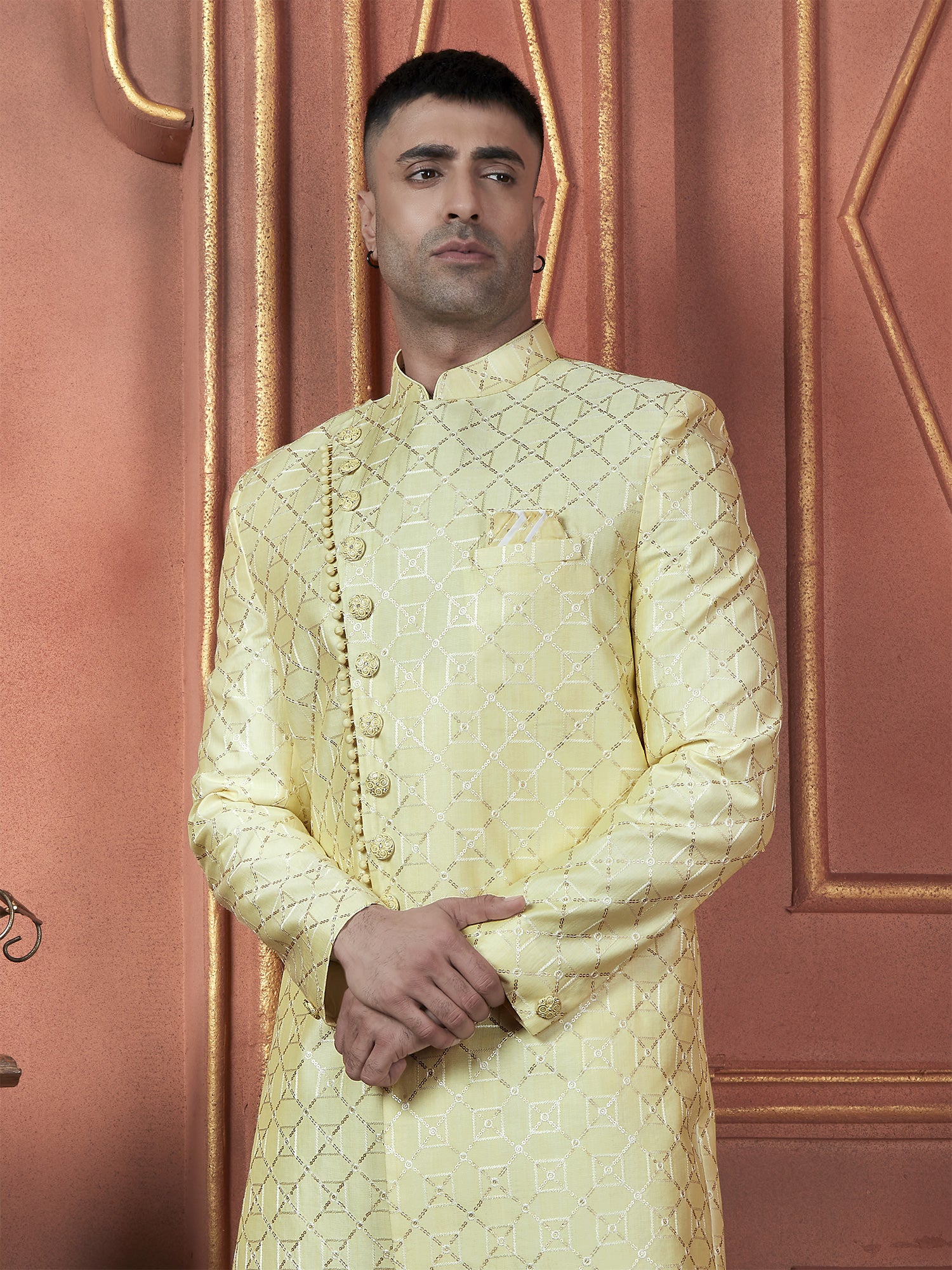 Yellow Bandhagala Pattern Menswear Achkan Style Indowetern