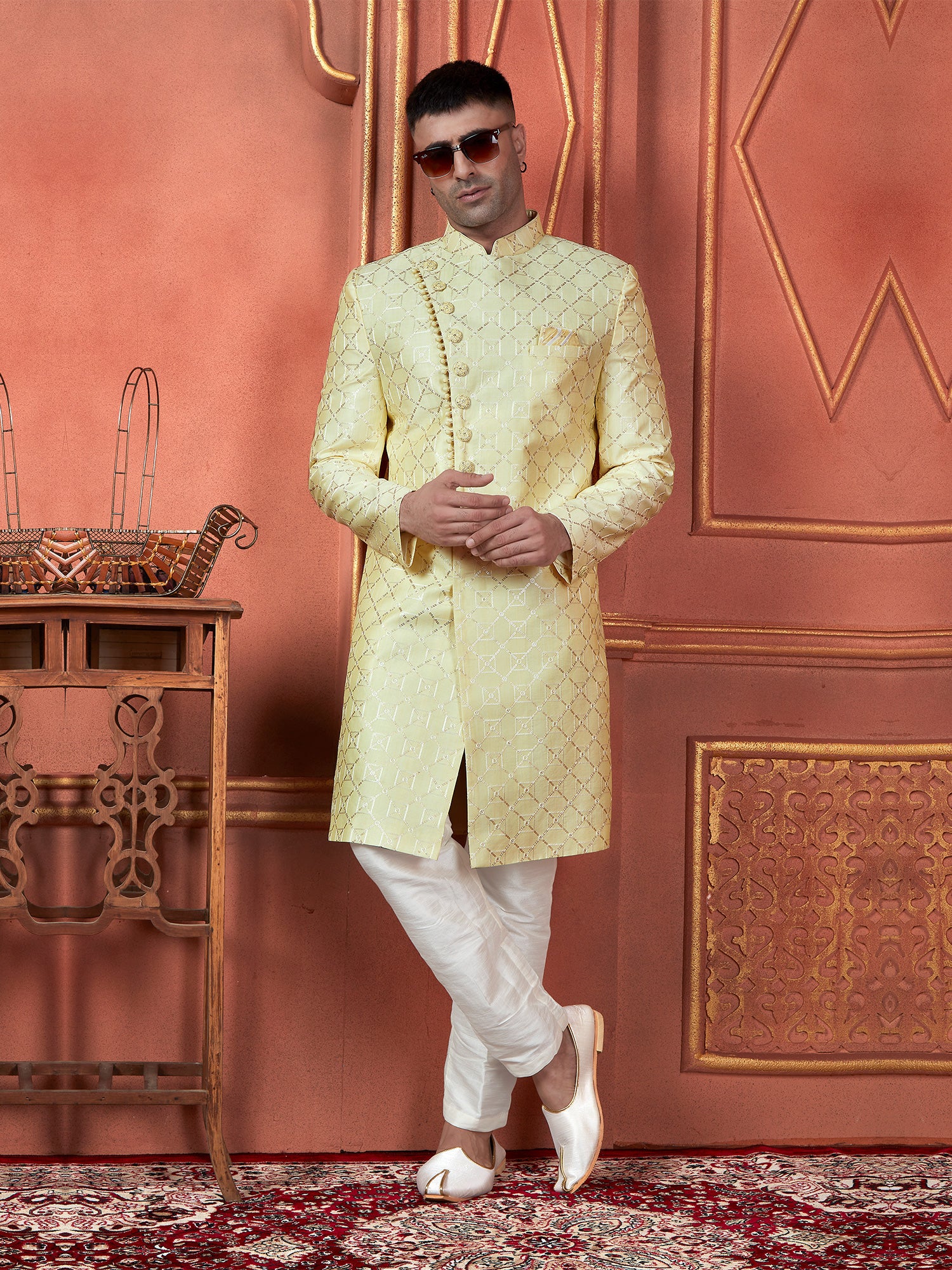 Yellow Bandhagala Pattern Menswear Achkan Style Indowetern