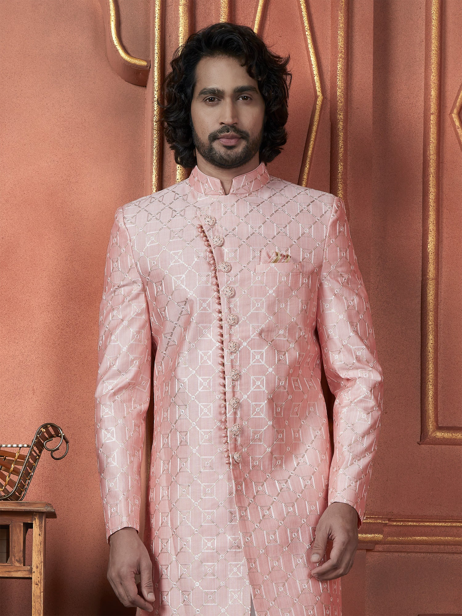 Pink Achkan Style Wedding Wear Mens Indowestern Sherwani