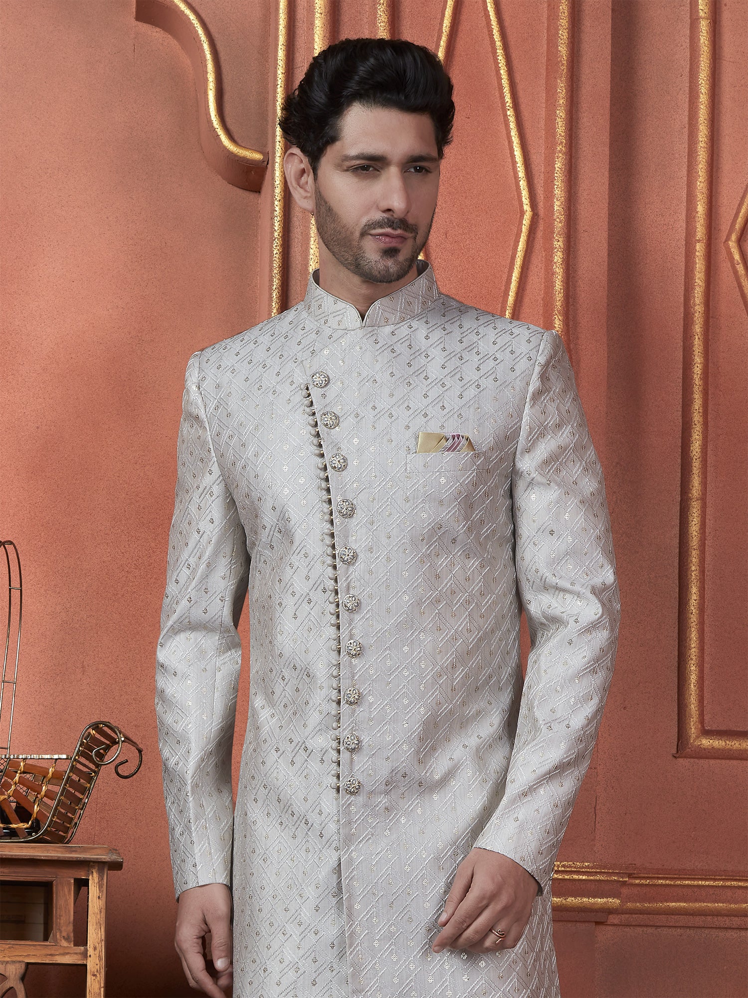 Grey Wedding Wear Mens Embroidered Indowestern In Silk