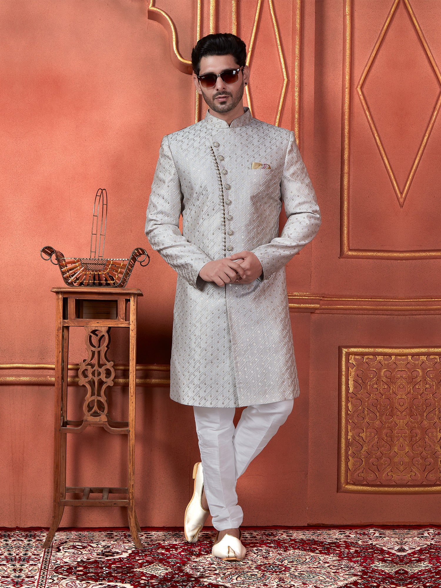 Grey Wedding Wear Mens Embroidered Indowestern In Silk