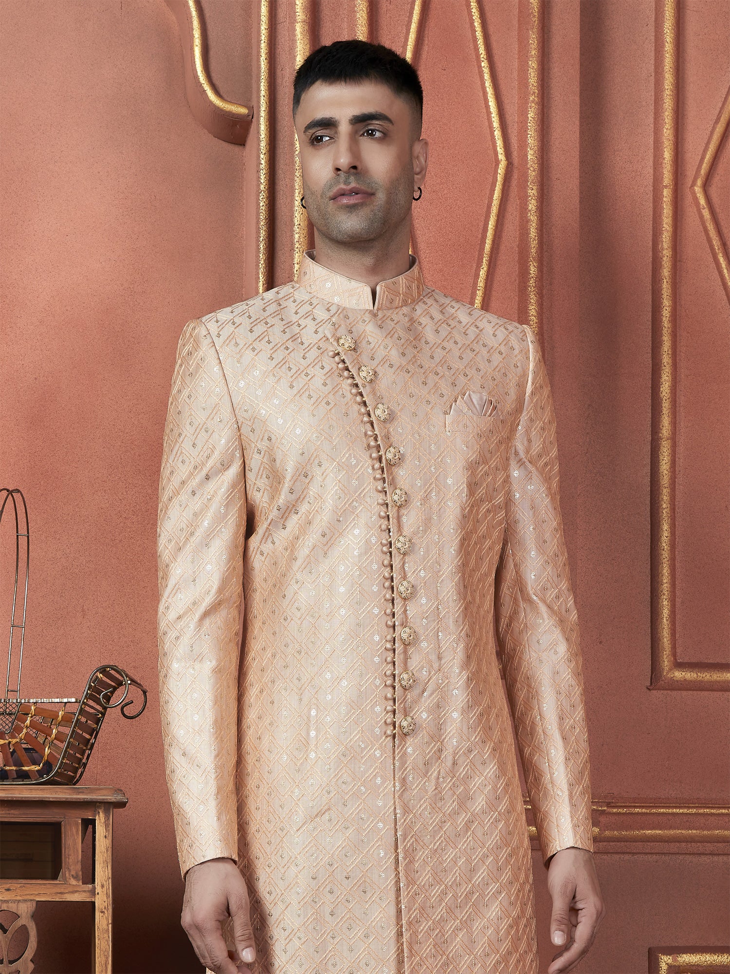 Peach Sequin Embellished Mens Indowestern Set In Silk