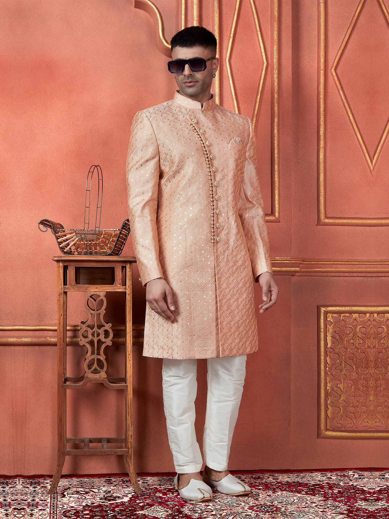 Peach Sequin Embellished Mens Indowestern Set In Silk