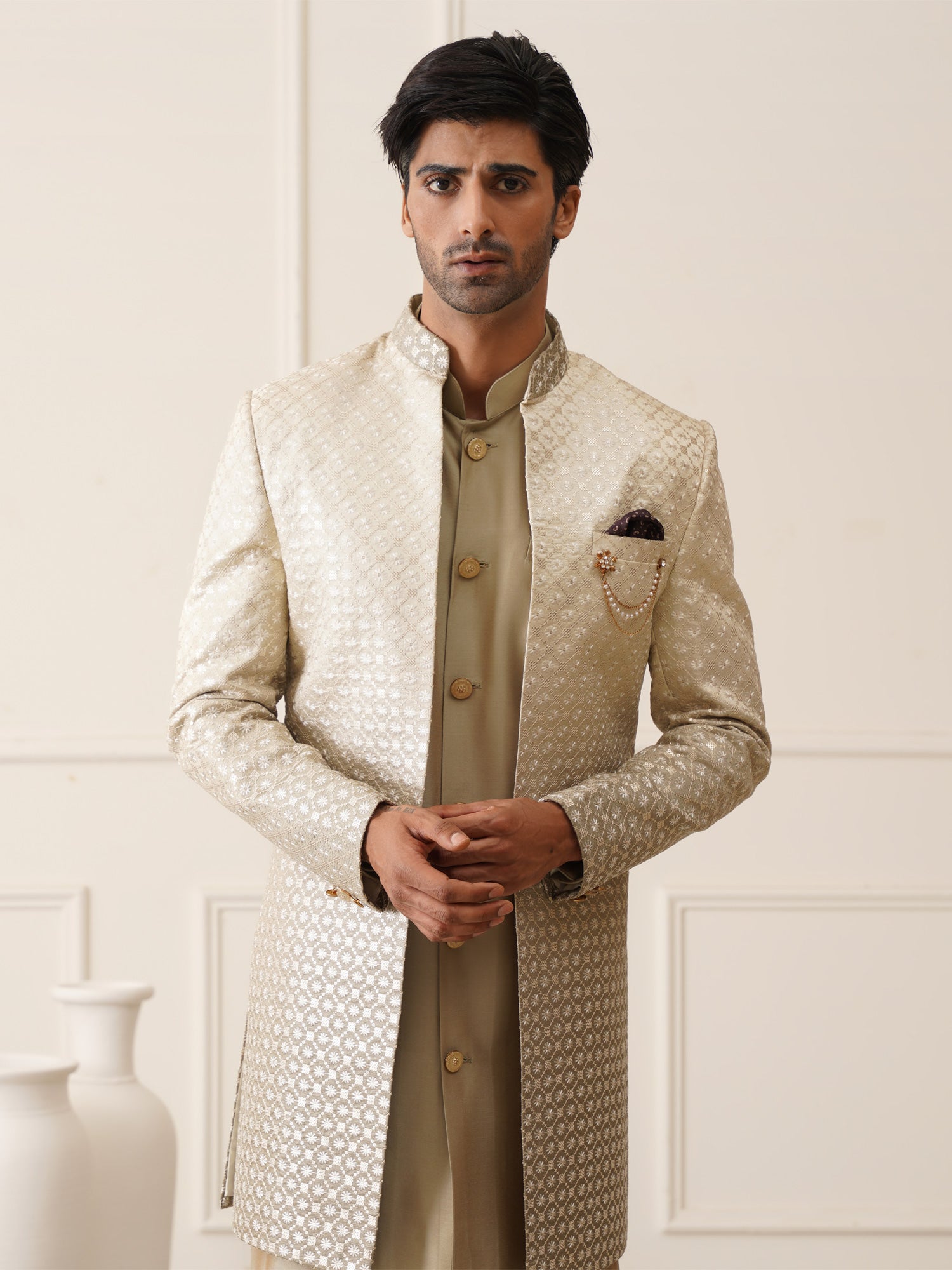 Beige Embroidred Mens Indowestern In Ombre Dyeing Pattern