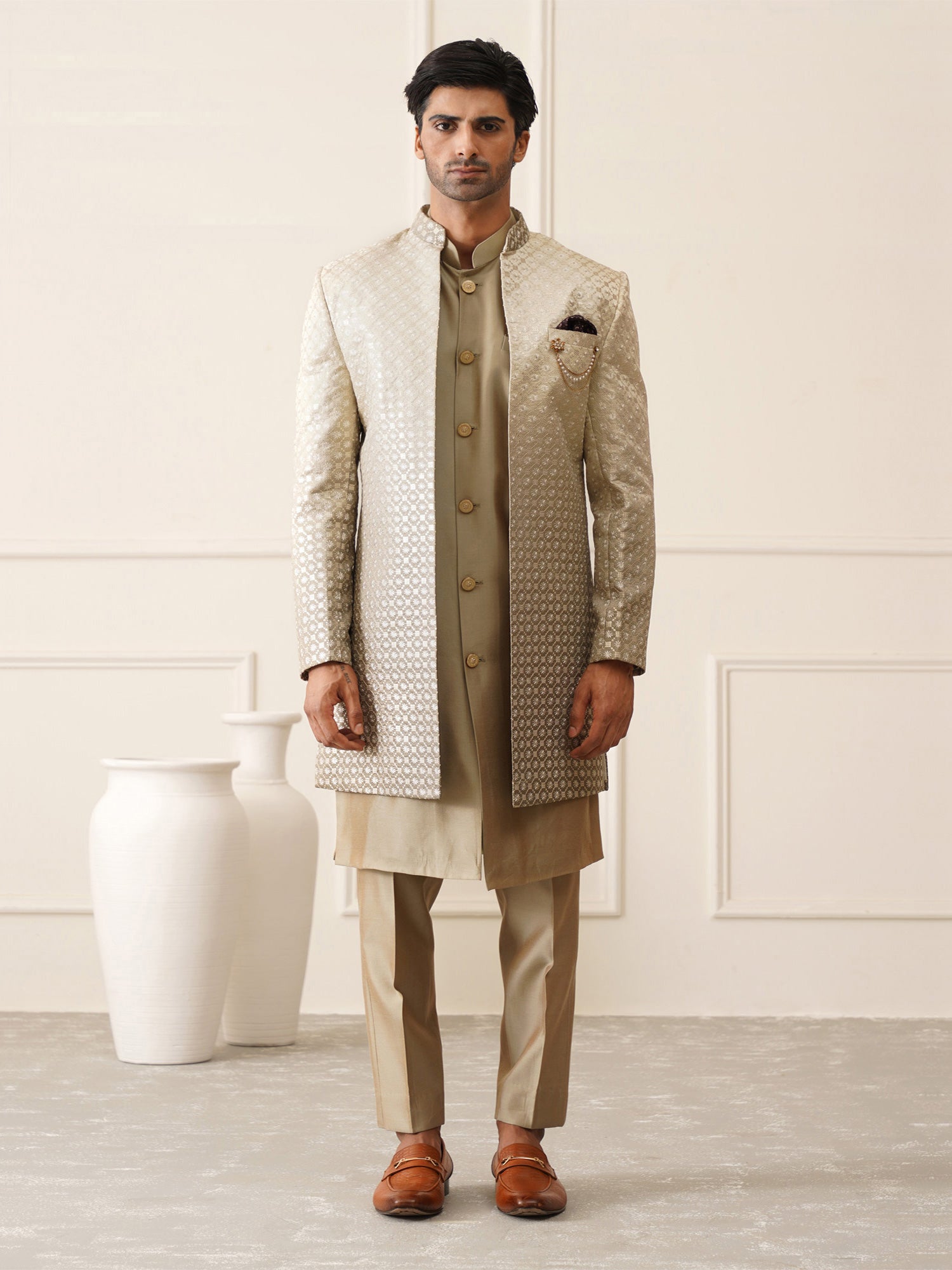 Beige Embroidred Mens Indowestern In Ombre Dyeing Pattern