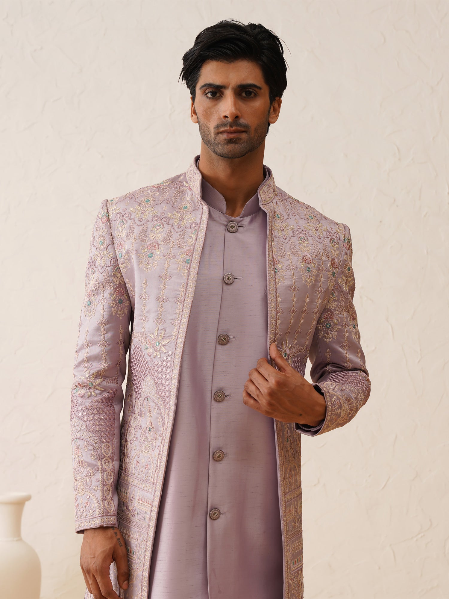 Lilac Floral Resham Embroidered Open Jackted Indowestern