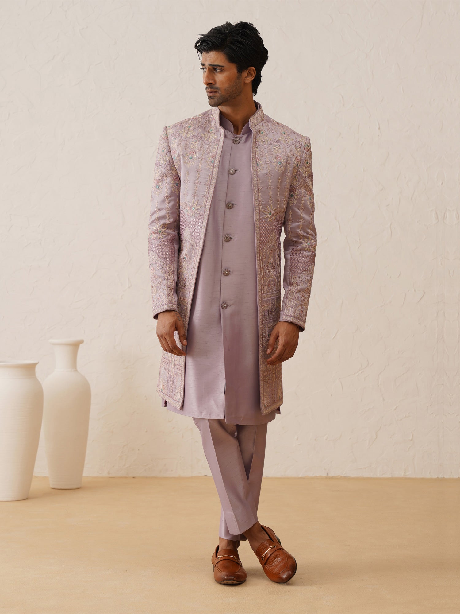 Lilac Floral Resham Embroidered Open Jackted Indowestern