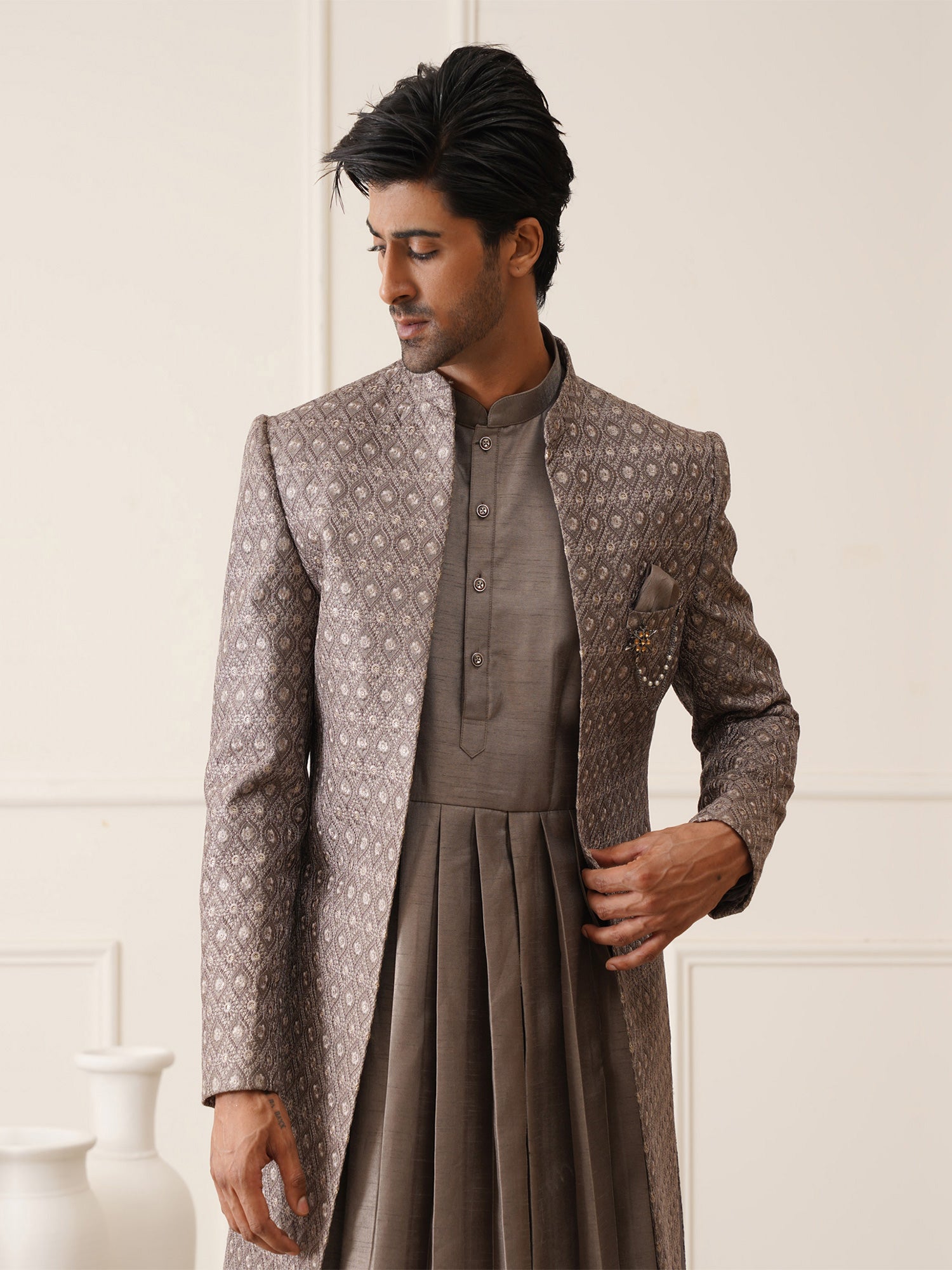 Fossil Grey Mens Indowestern With Draped Inside Kurta