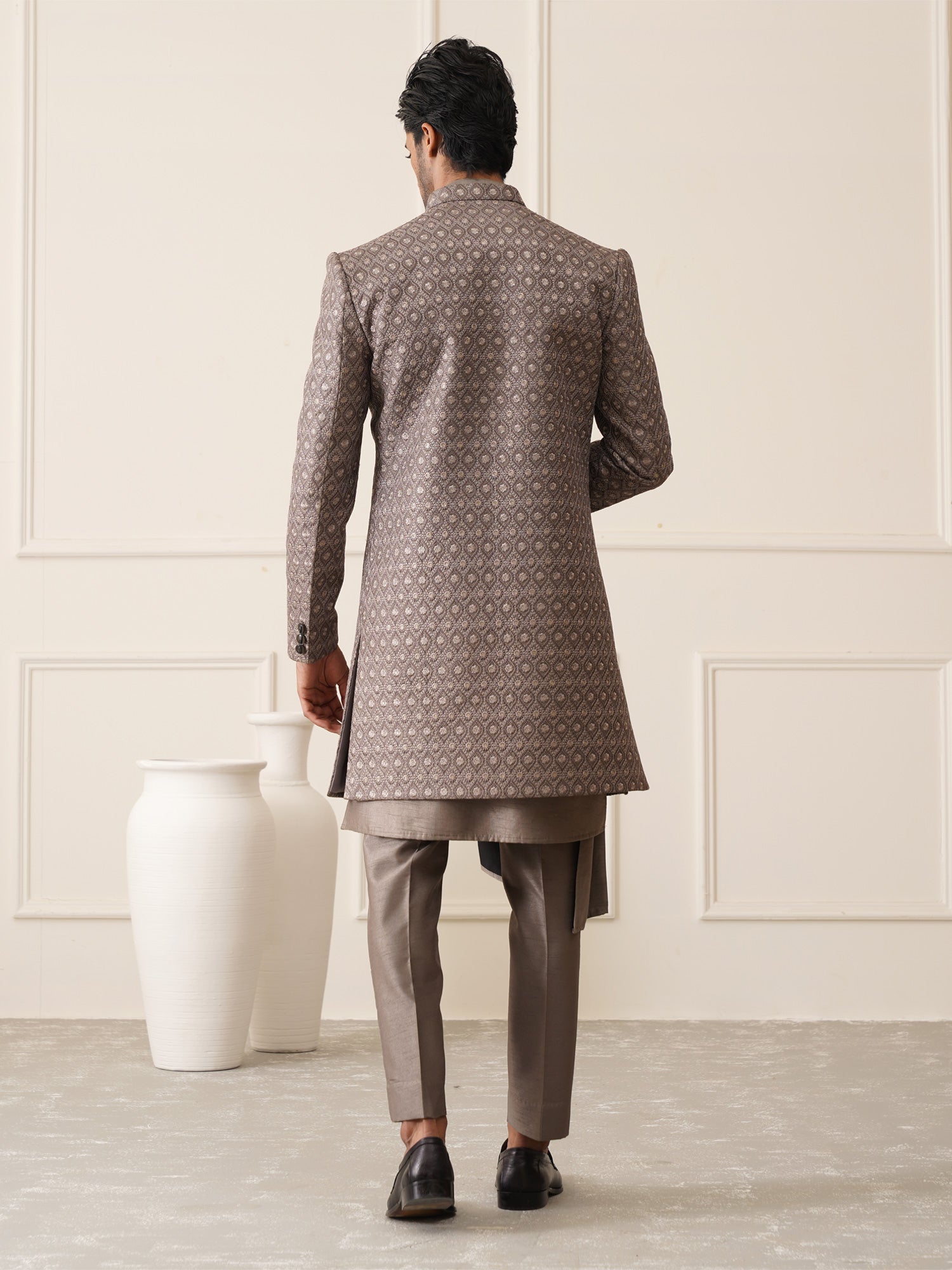 Fossil Grey Mens Indowestern With Draped Inside Kurta