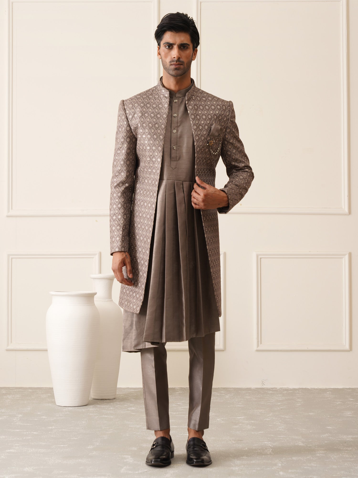 Fossil Grey Mens Indowestern With Draped Inside Kurta