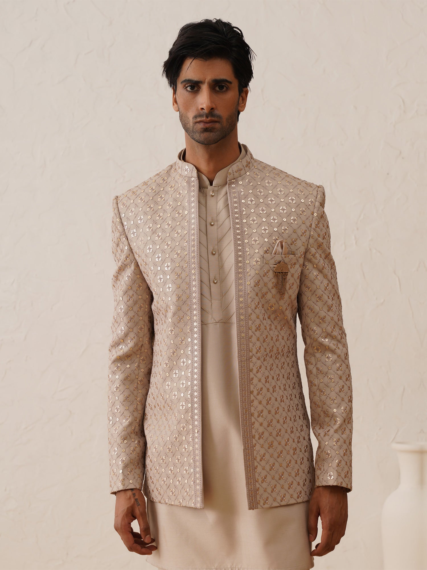 Ivory Cream Short Length Mens Indowestern Set With Open Jacket