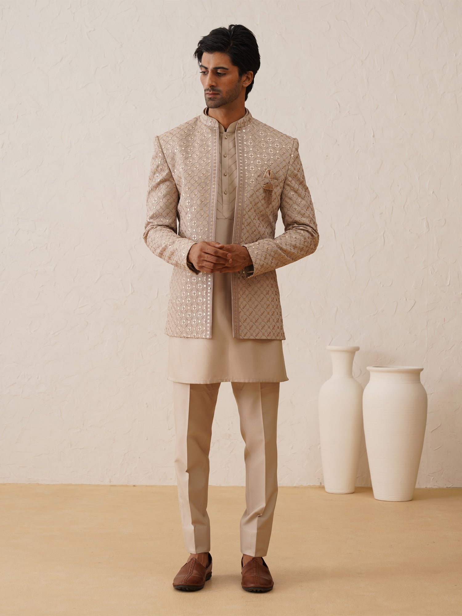 Ivory Cream Short Length Mens Indowestern Set With Open Jacket