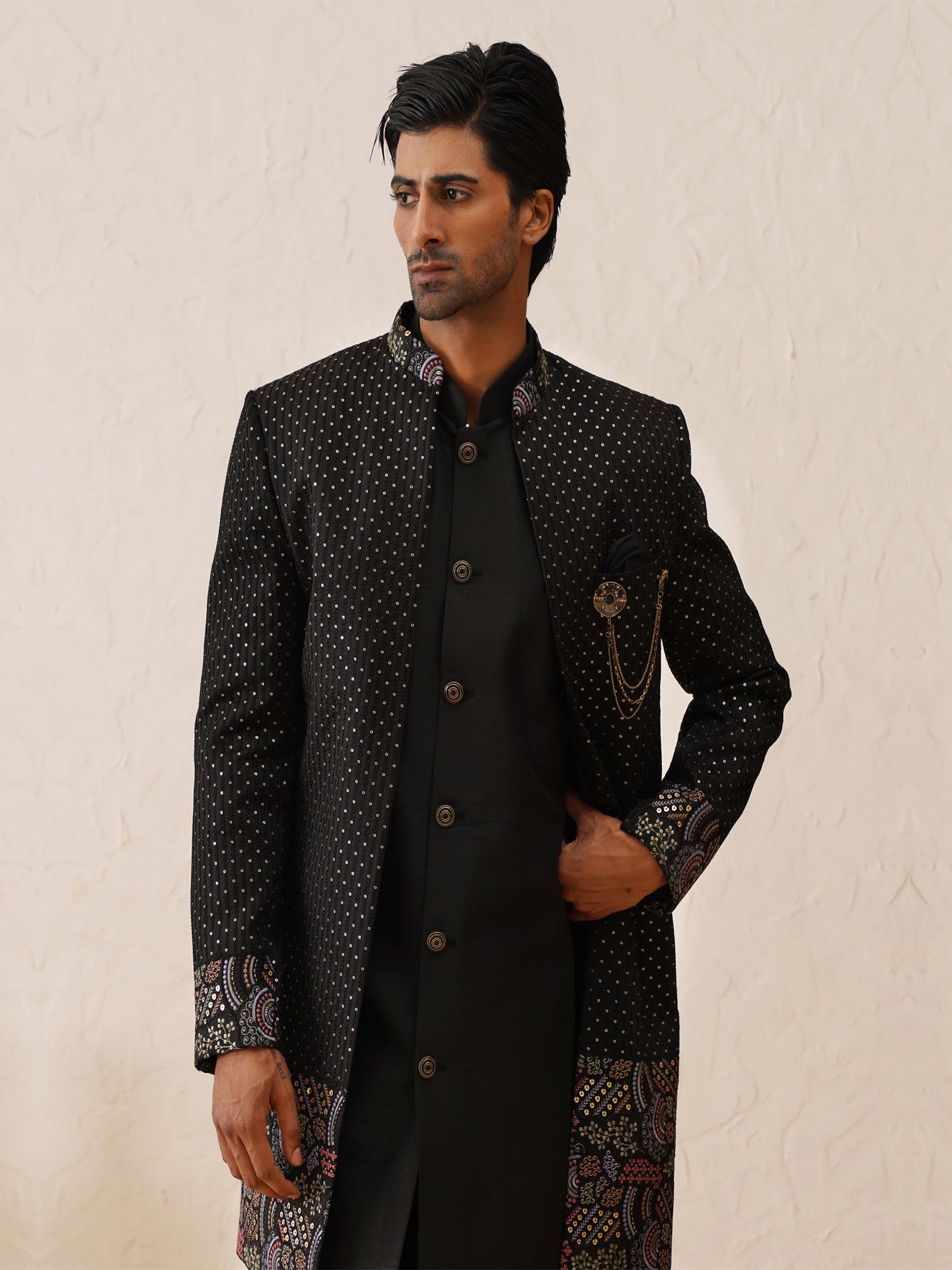 Black Stone Work Embellished Menswear Indowestern Set