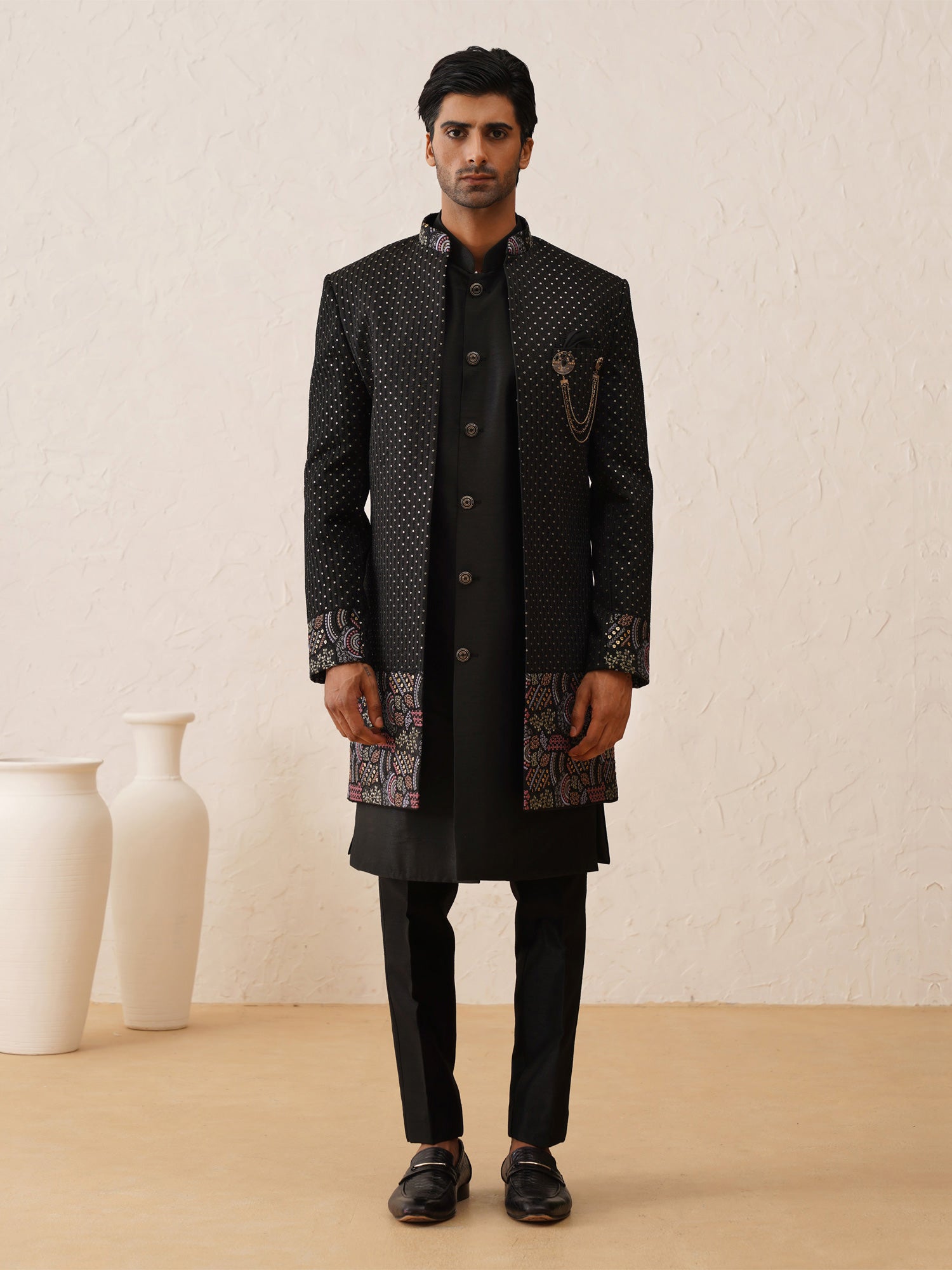 Black Stone Work Embellished Menswear Indowestern Set